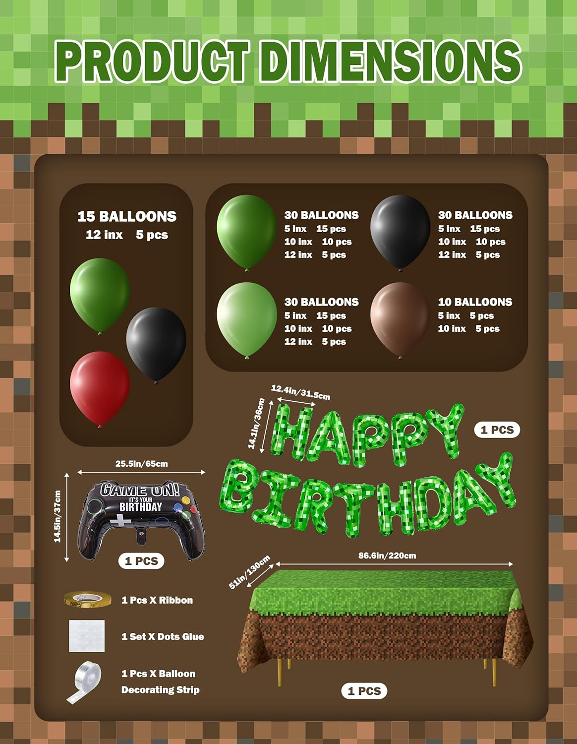 148Pcs Pixel Miner Game Themed Party Decor Kit