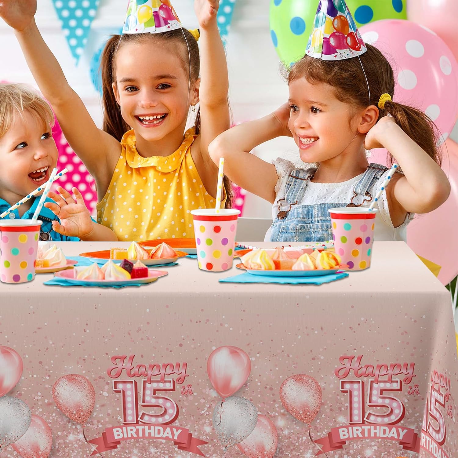 15th Birthday Glitter Tablecloth for Indoor Outdoor Events