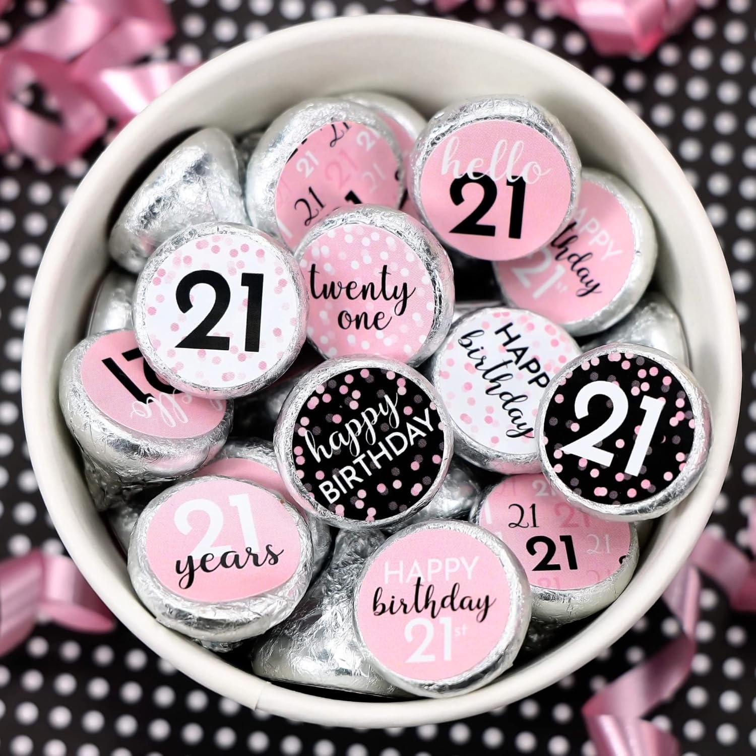 Pink Black White 21st Birthday Candy Stickers - 180 Count