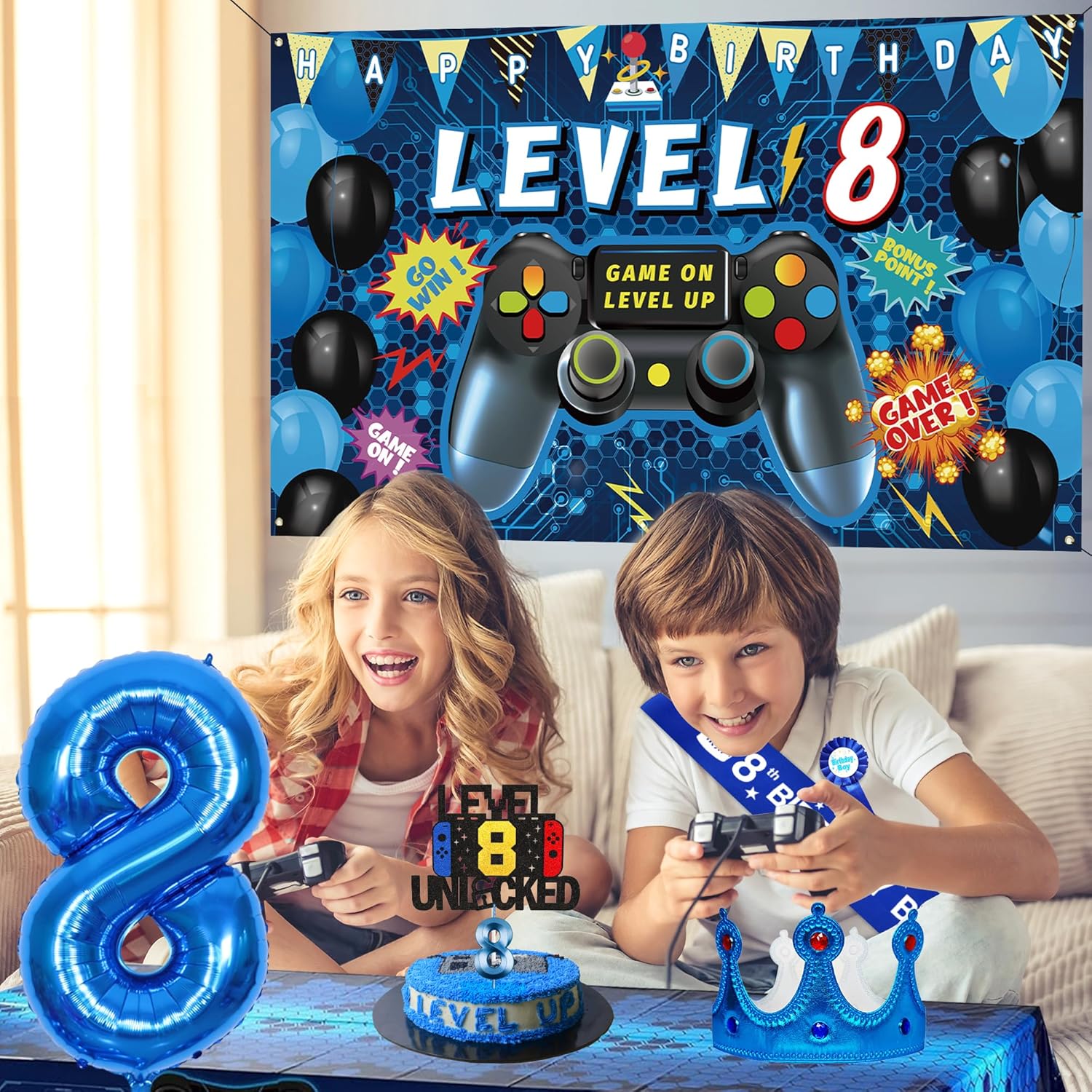 Blue Gamer 8th Birthday Decor Set for Boys