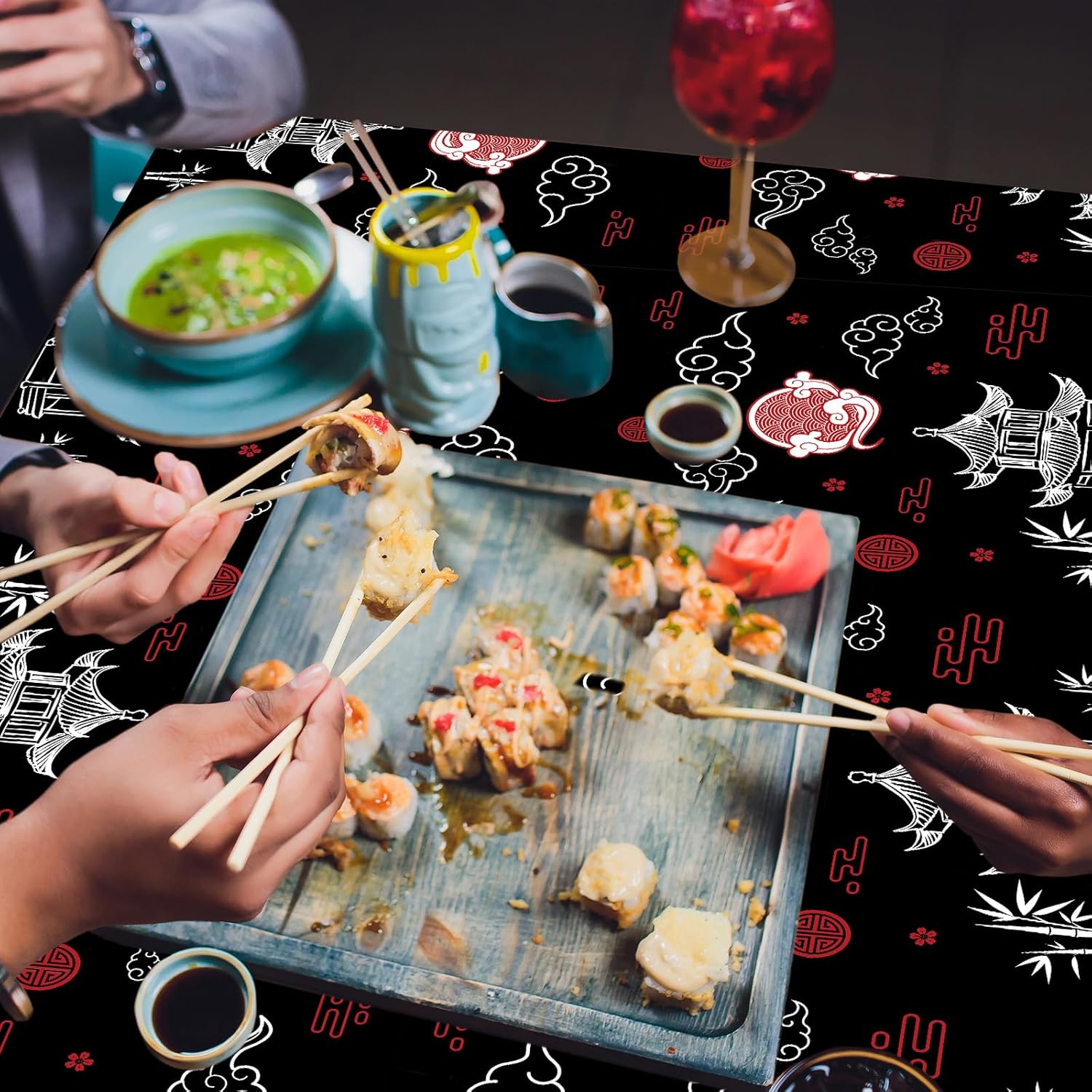 Hibachi Themed Table Covers 3 Pack for Asian Parties Black