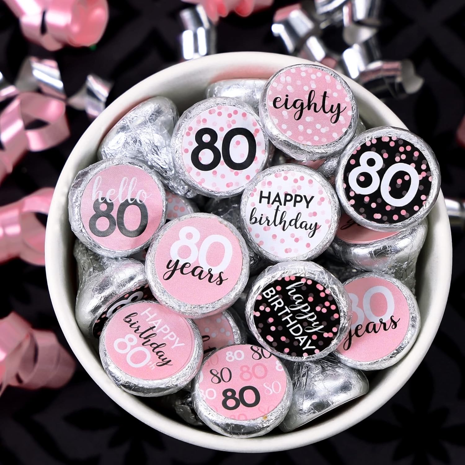 Pink 80th Birthday Party Favor Stickers 180 Count