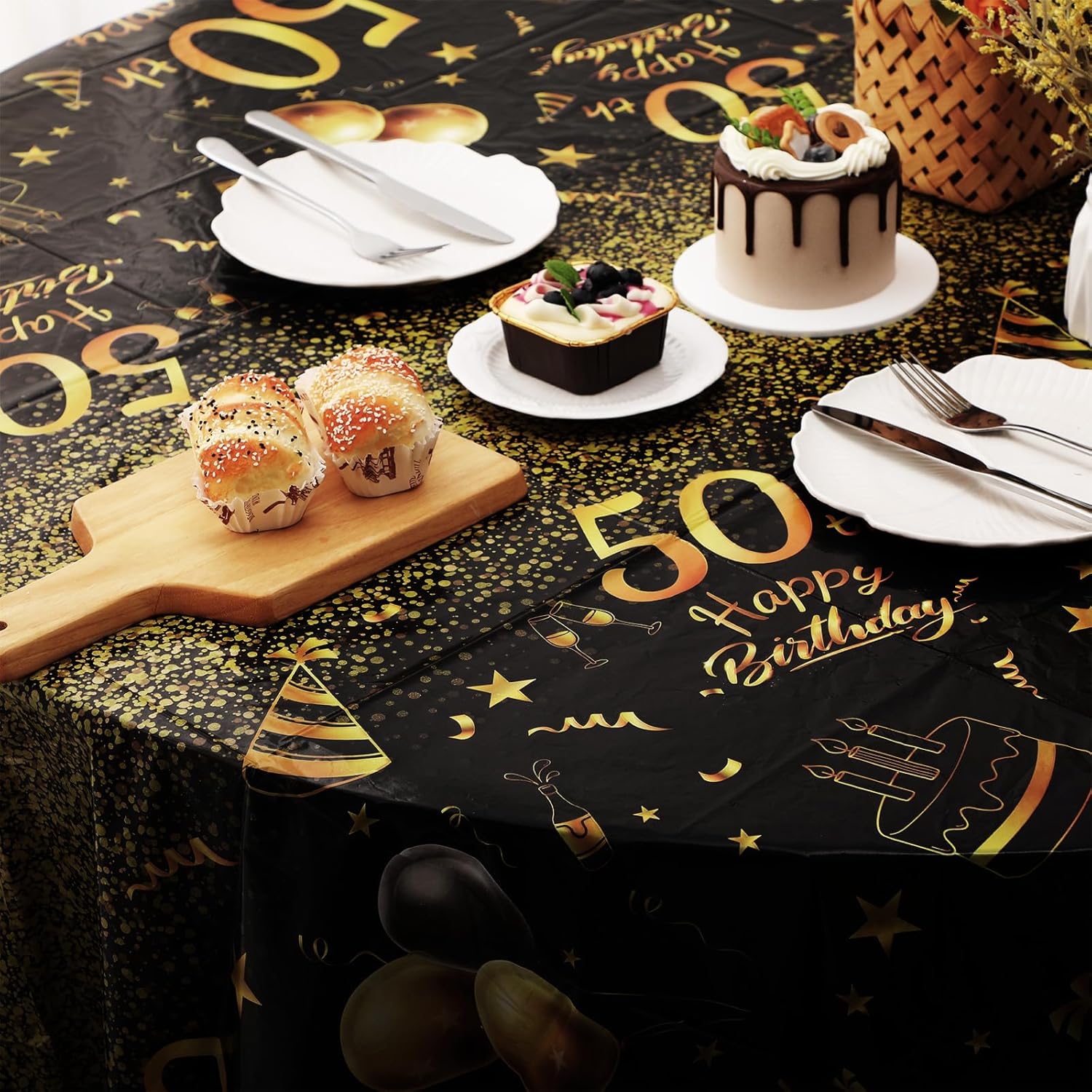 Oudain 3 Pack Round Birthday Tablecloths Black Gold Party Decor