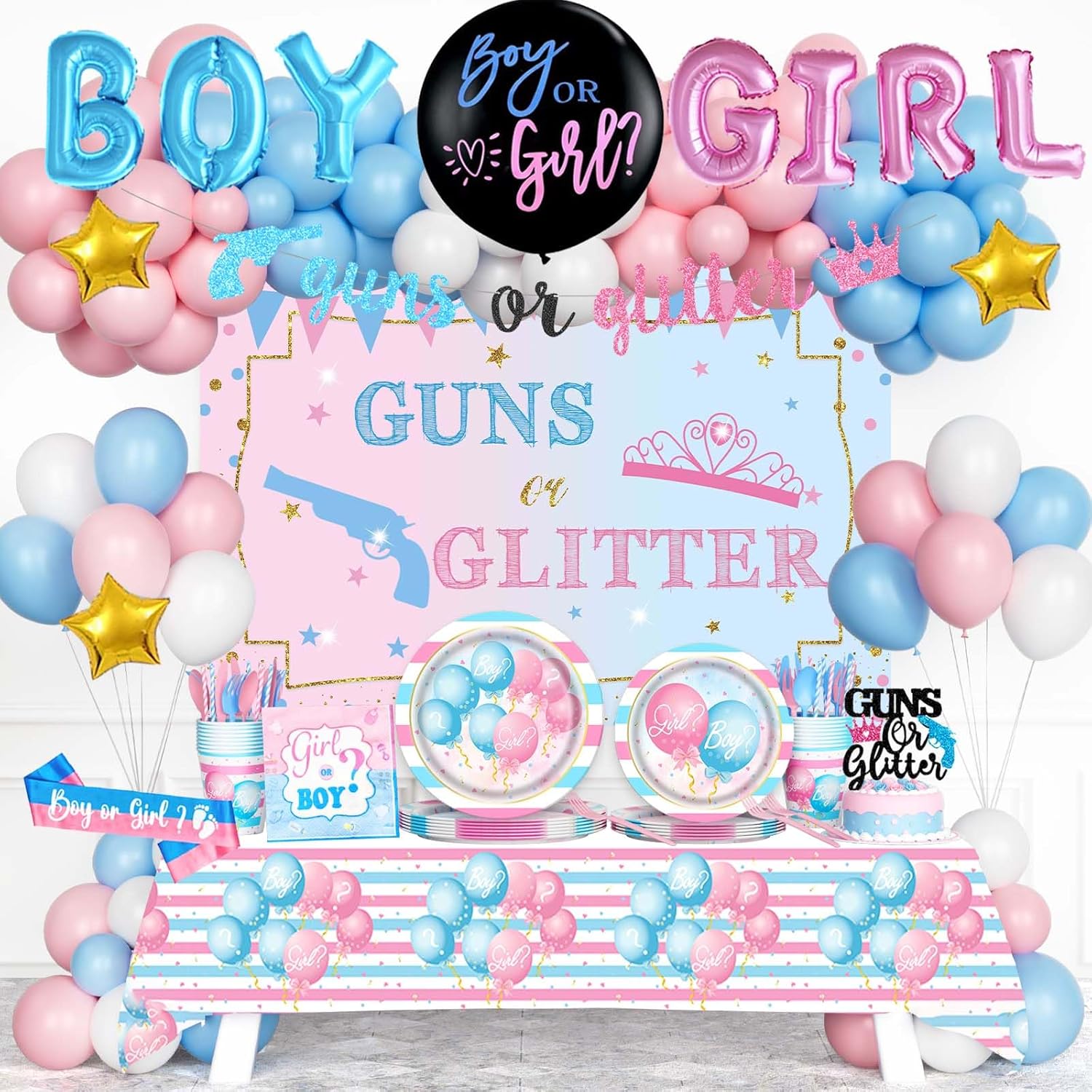 Guns Or Glitter Gender Reveal Decor Set 228 Pieces