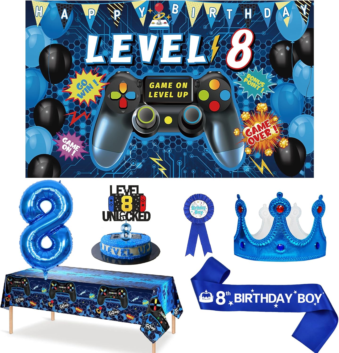 Blue Gamer 8th Birthday Decor Set for Boys