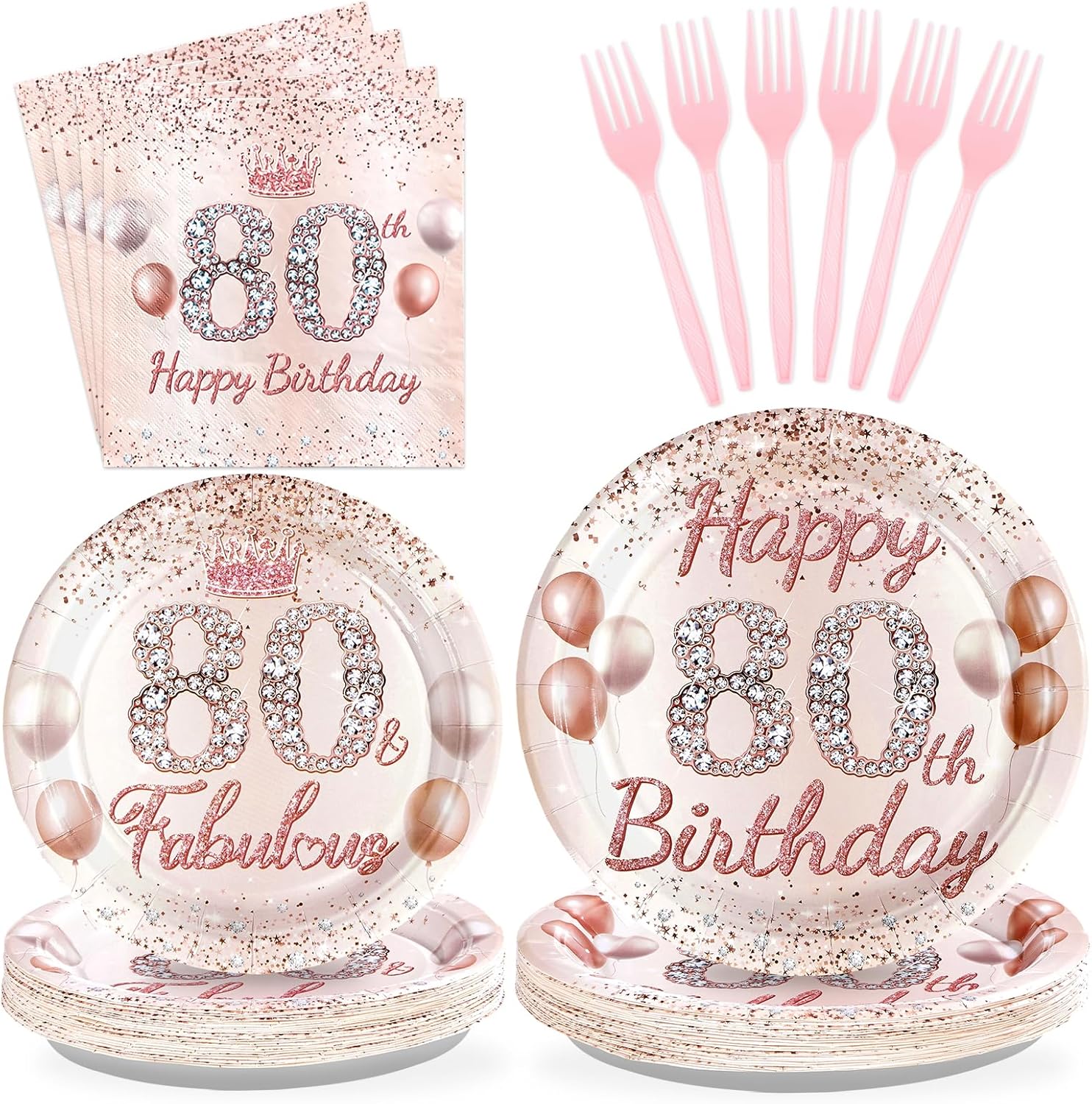Grencian 96 Pcs 80th Birthday Tableware Set Rose Gold