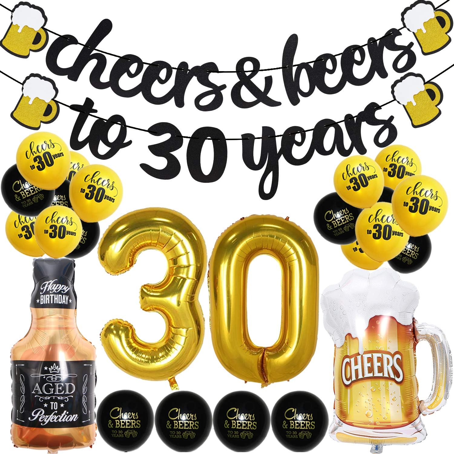 30 Years Anniversary Decor Banner Gold Balloon Set