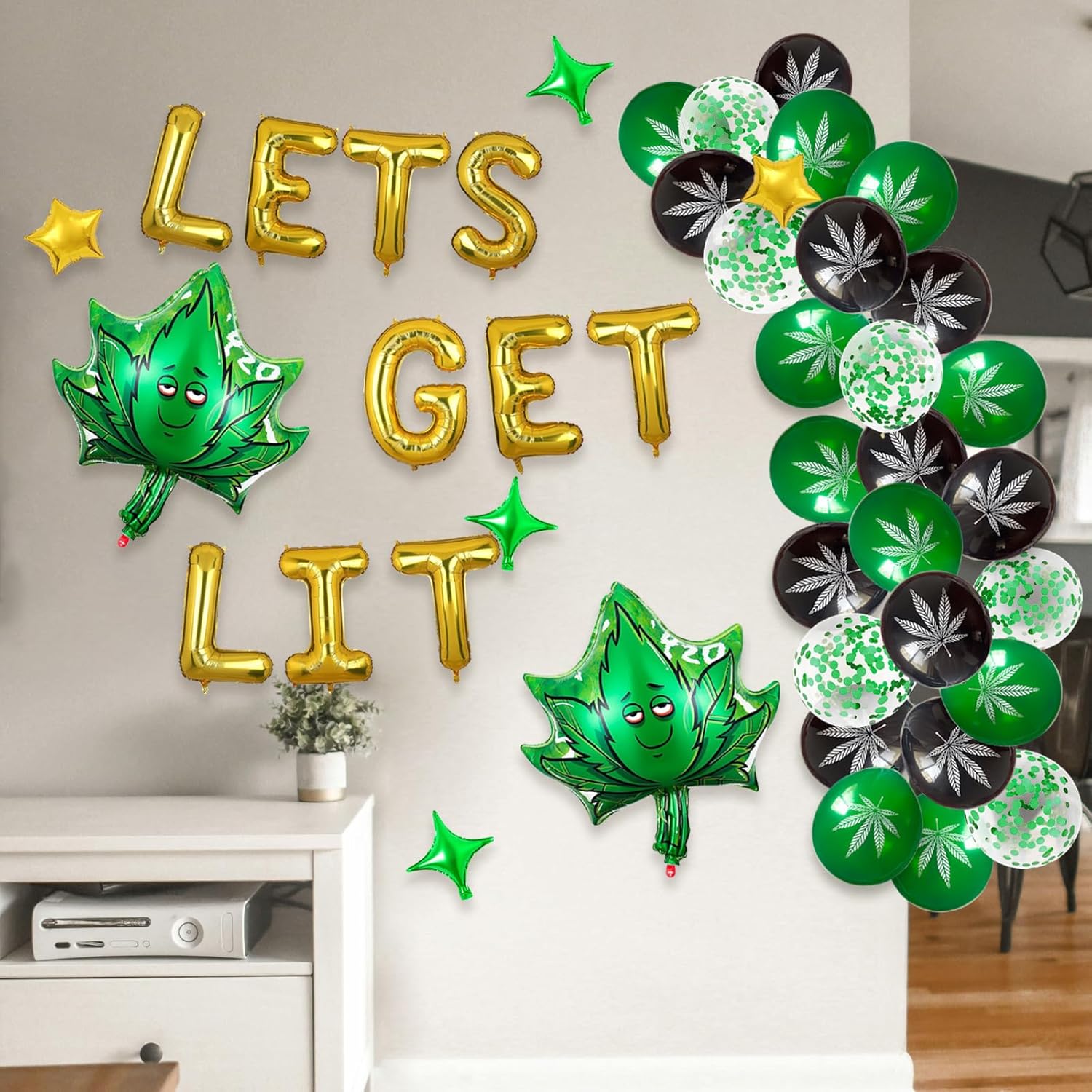 Weed Party Balloons with Gold Banner and Confetti