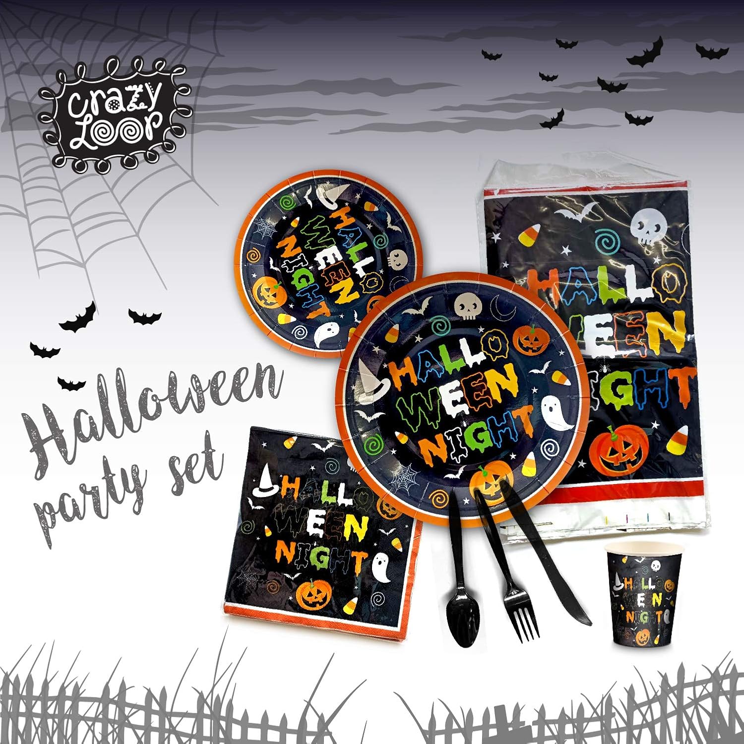 CRAZY LOOP Halloween Dinnerware Set for 24