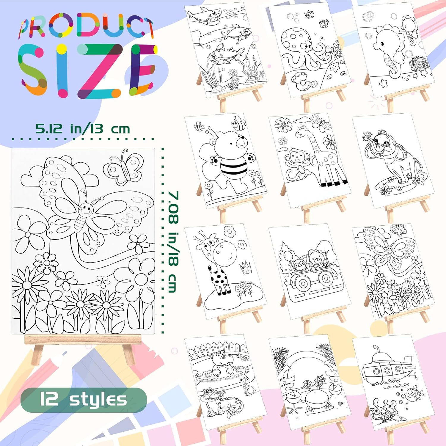 12 Sets Printed Canvas Paint Art Easel Set for Kids and Adults