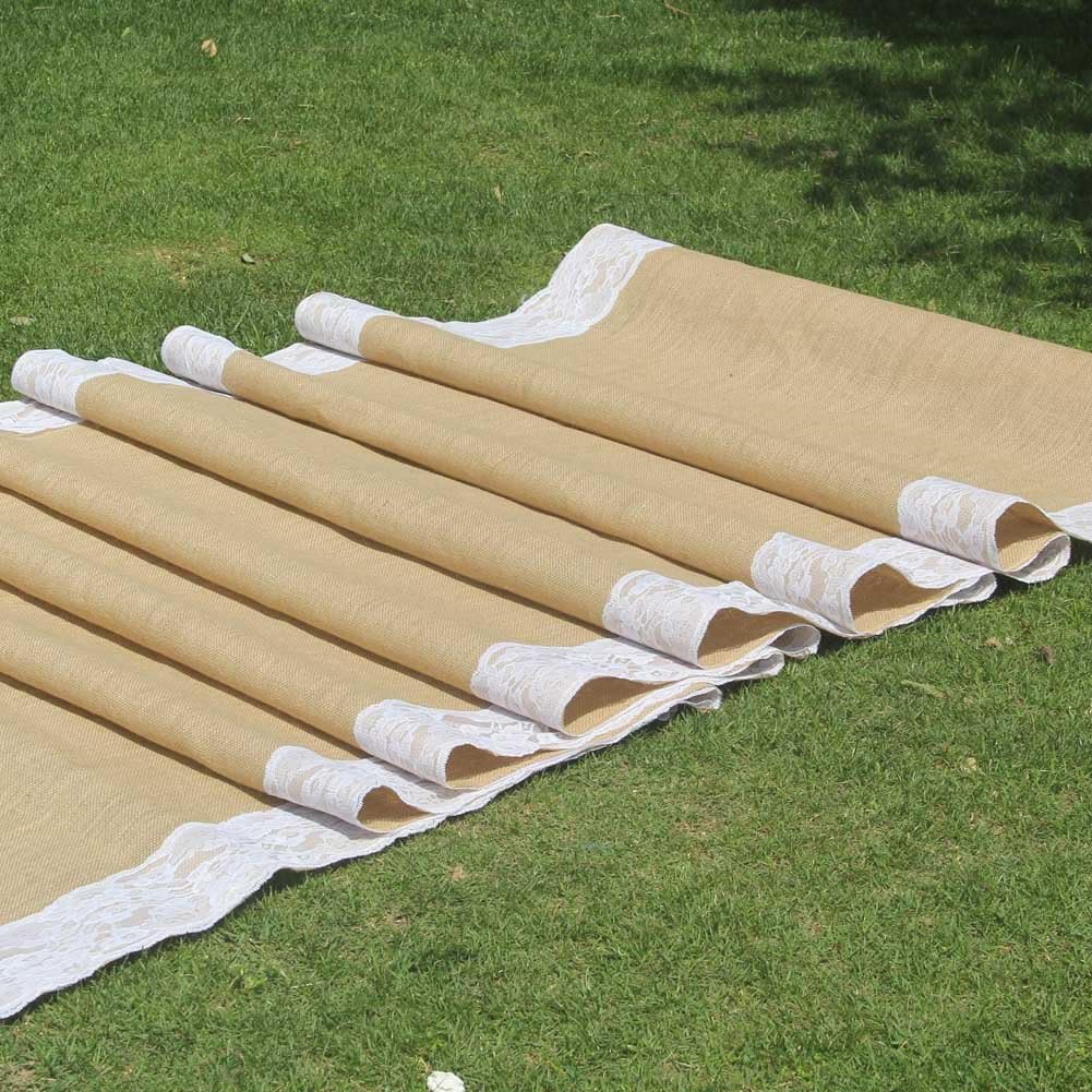 AAYU 75 ft Burlap Wedding Aisle Runner with Ivory Lace