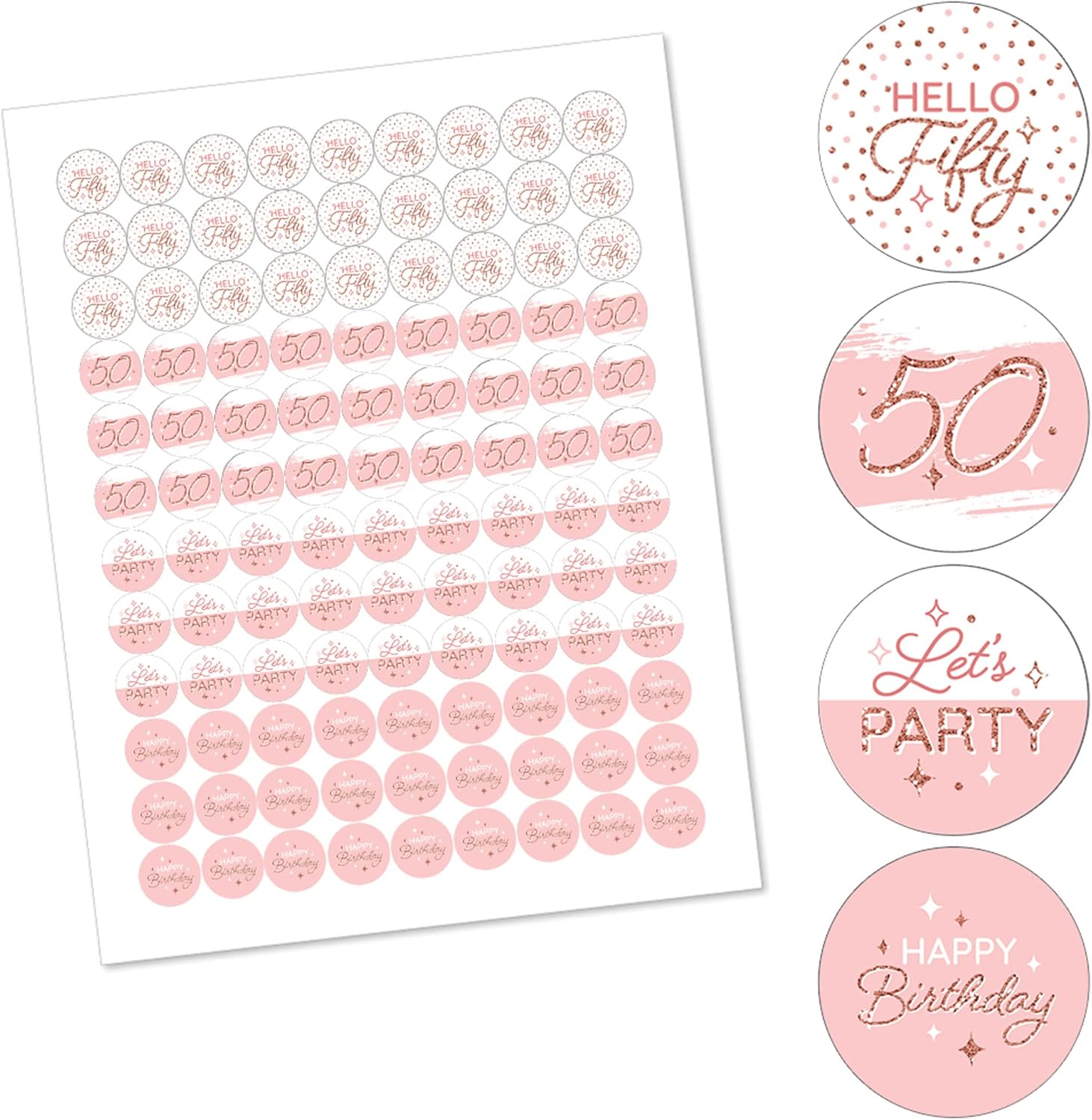 50th Pink Rose Gold Birthday Round Candy Sticker Favors