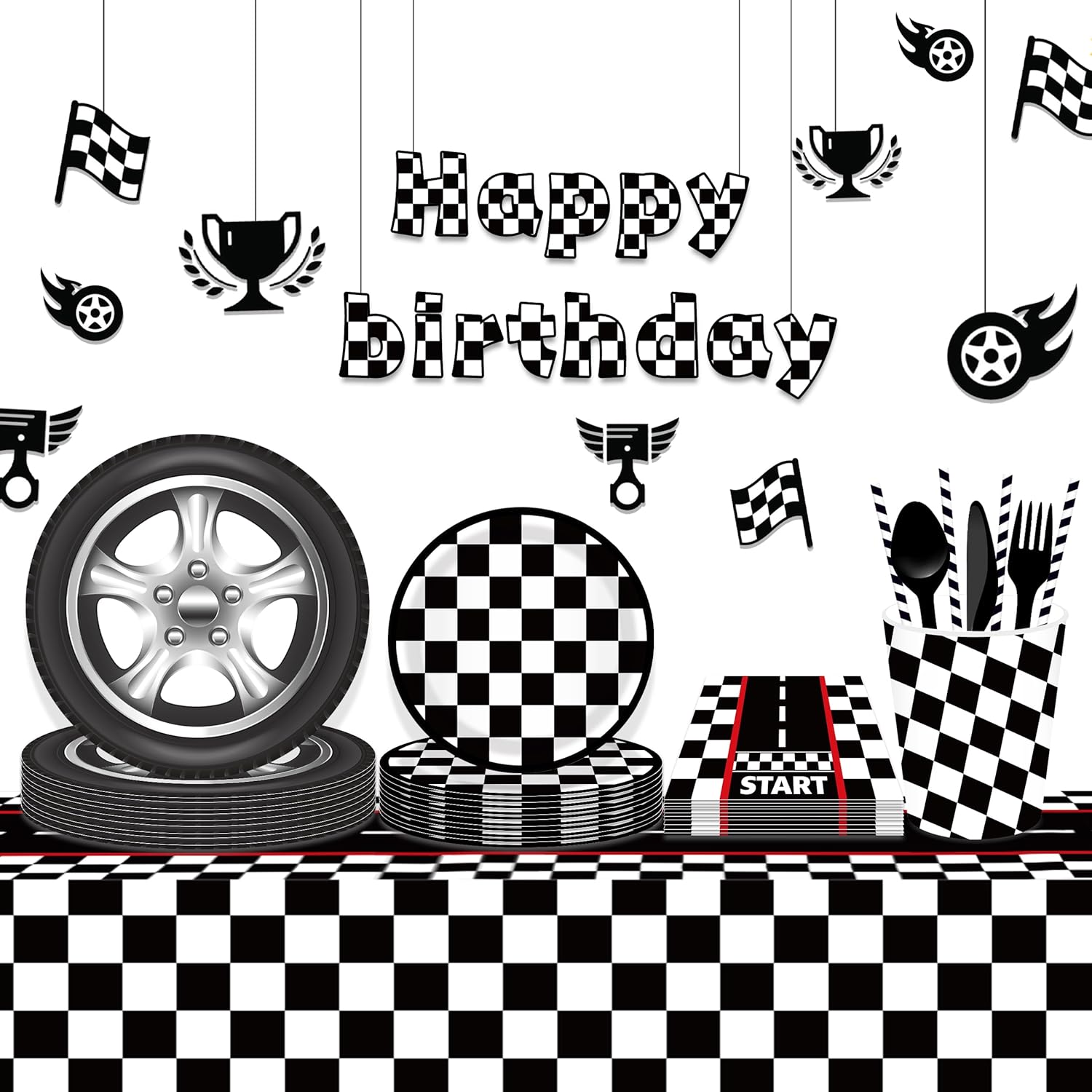 3 Pcs Racing Car Party Tablecloth with Black Checkered Pattern
