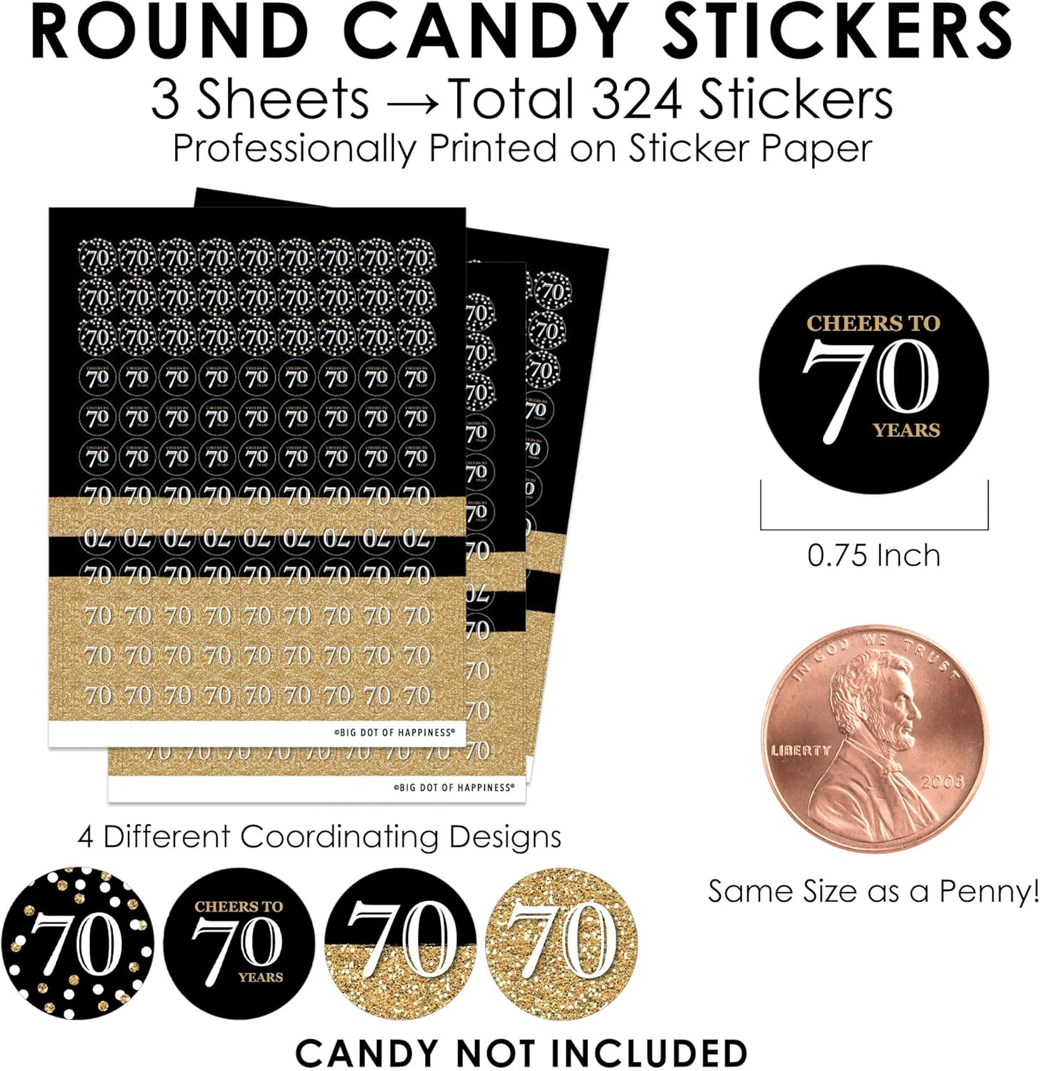 Big Dot of Happiness 70th Birthday Gold Candy Stickers
