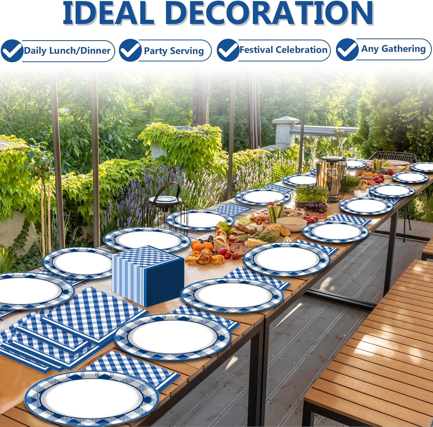 QOUBAI Gingham Oval Plates 11inch Blue White Checkered Set for 25 Guests