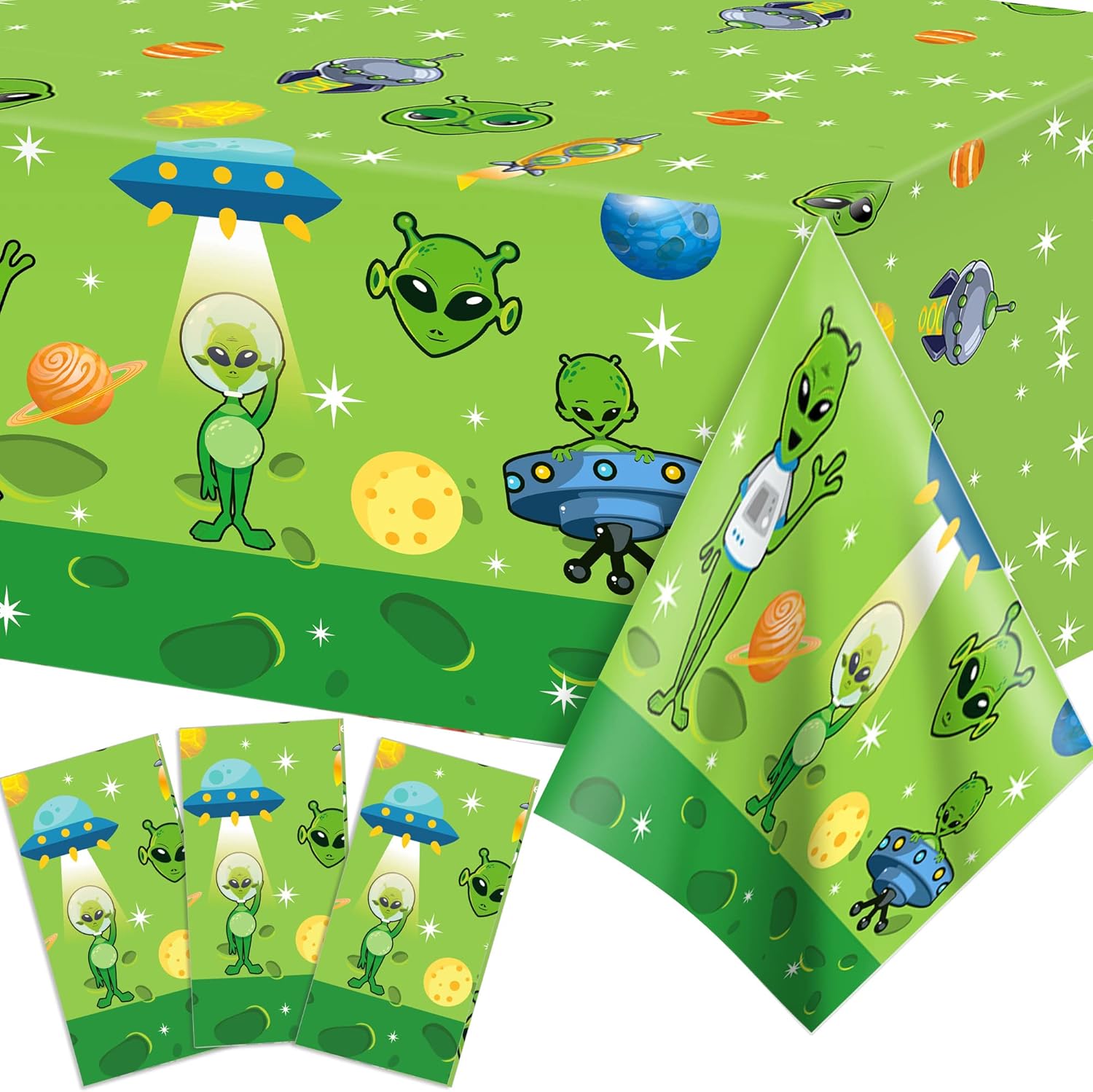 3 Pcs Alien UFO Party Tablecloths Green Disposable Plastic Tablecovers