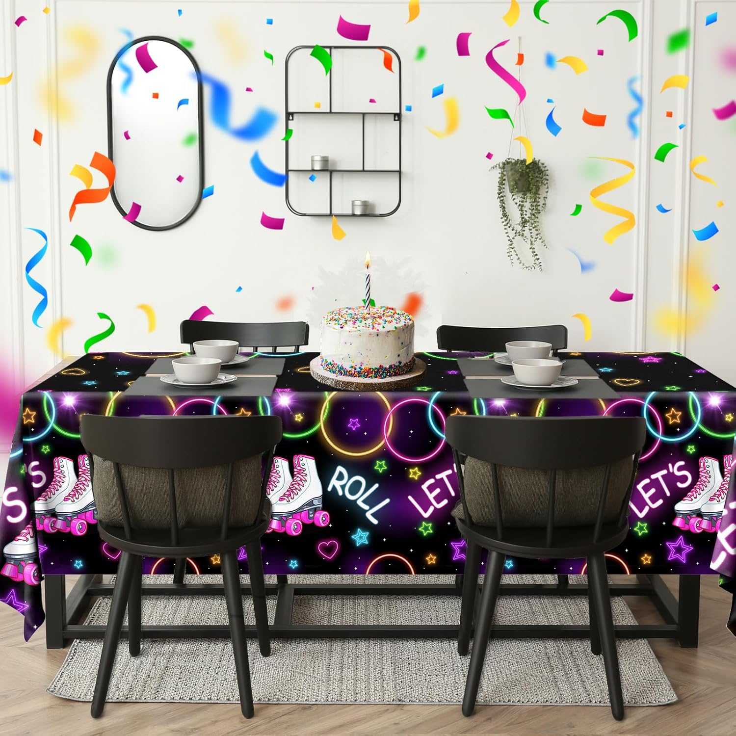 Roller Skating Birthday Tablecloths 3Pcs Neon Lets Roll Covers