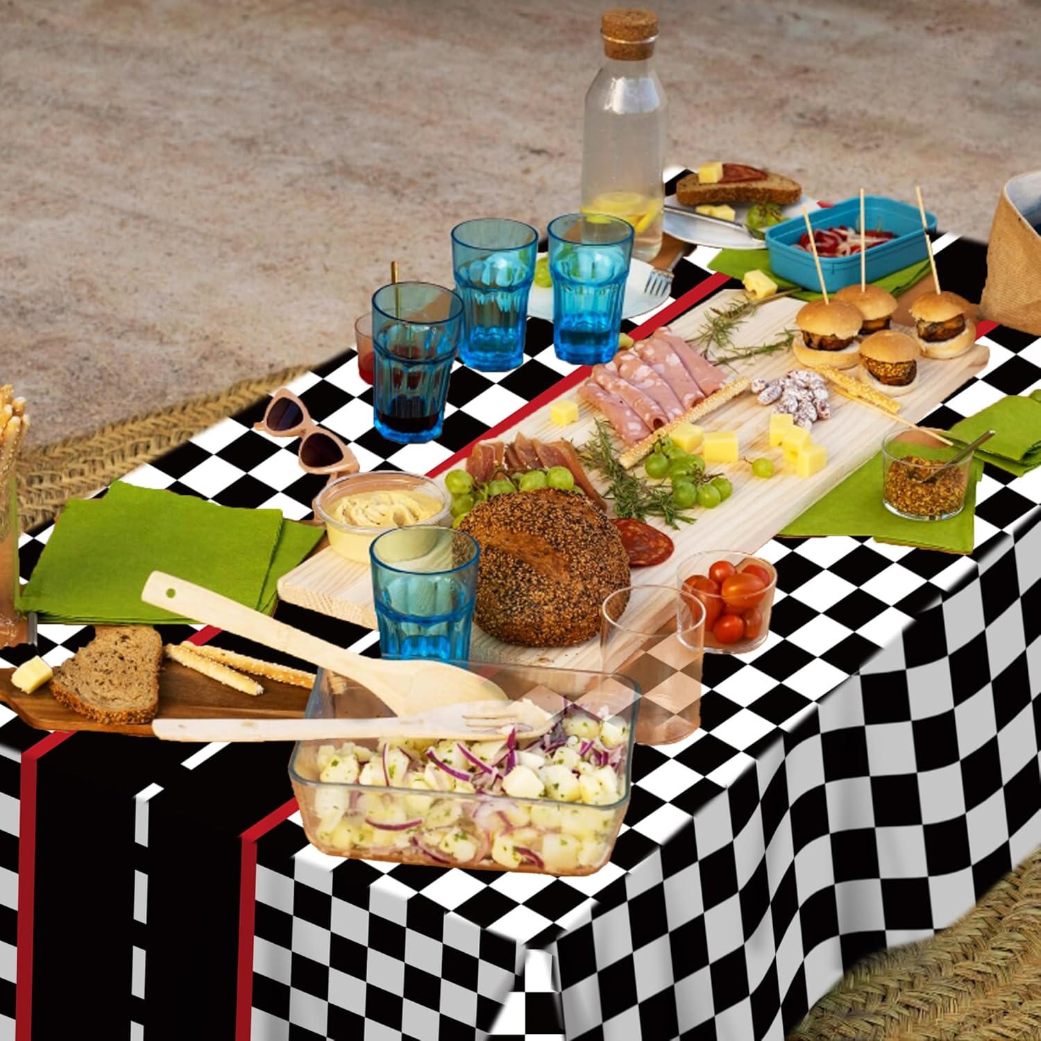 3 Pcs Racing Car Party Tablecloth with Black Checkered Pattern