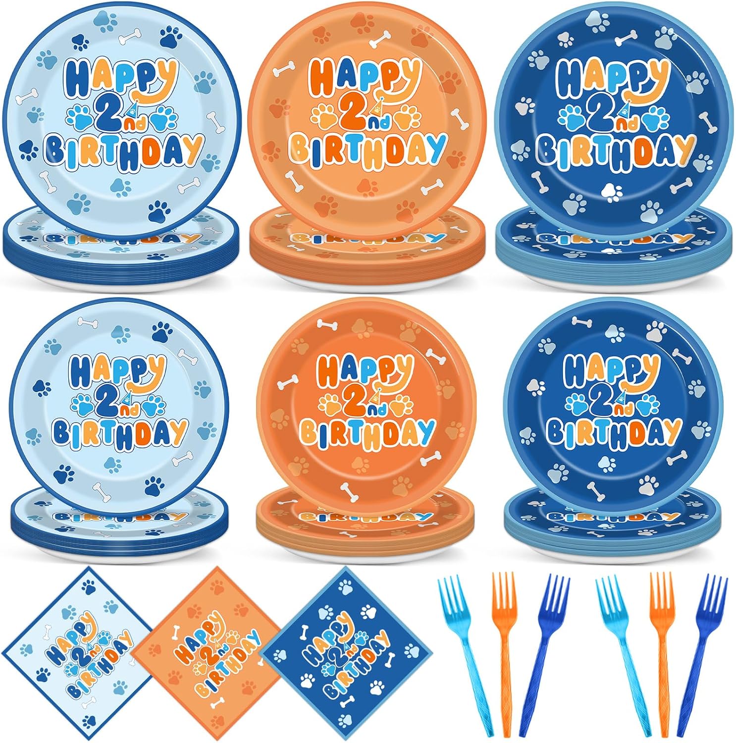 96Pcs Blue Dog 2nd Birthday Party Plates Napkins Decorations