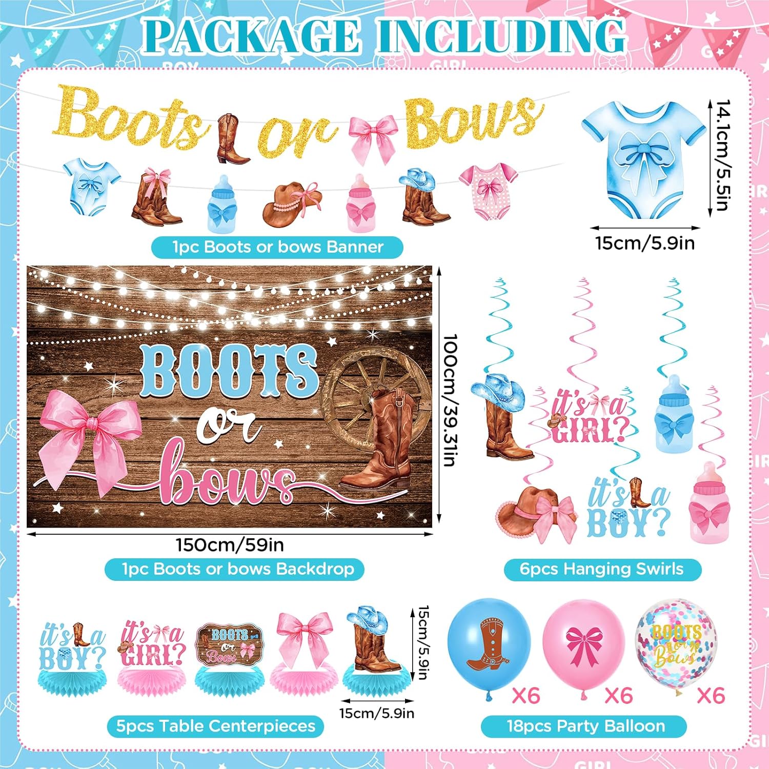 Boots Or Bows Gender Reveal Decor Kit 44 Pieces