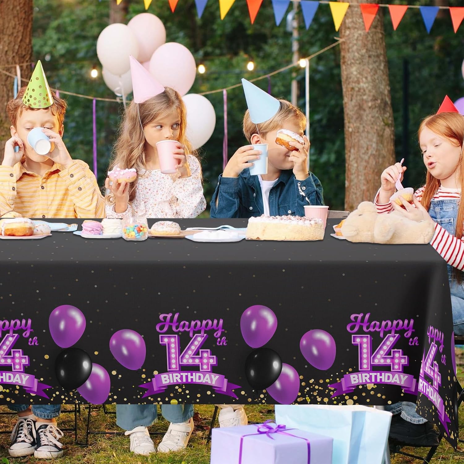 14th Birthday Tablecloth Purple Black Rectangle Glitter Decor