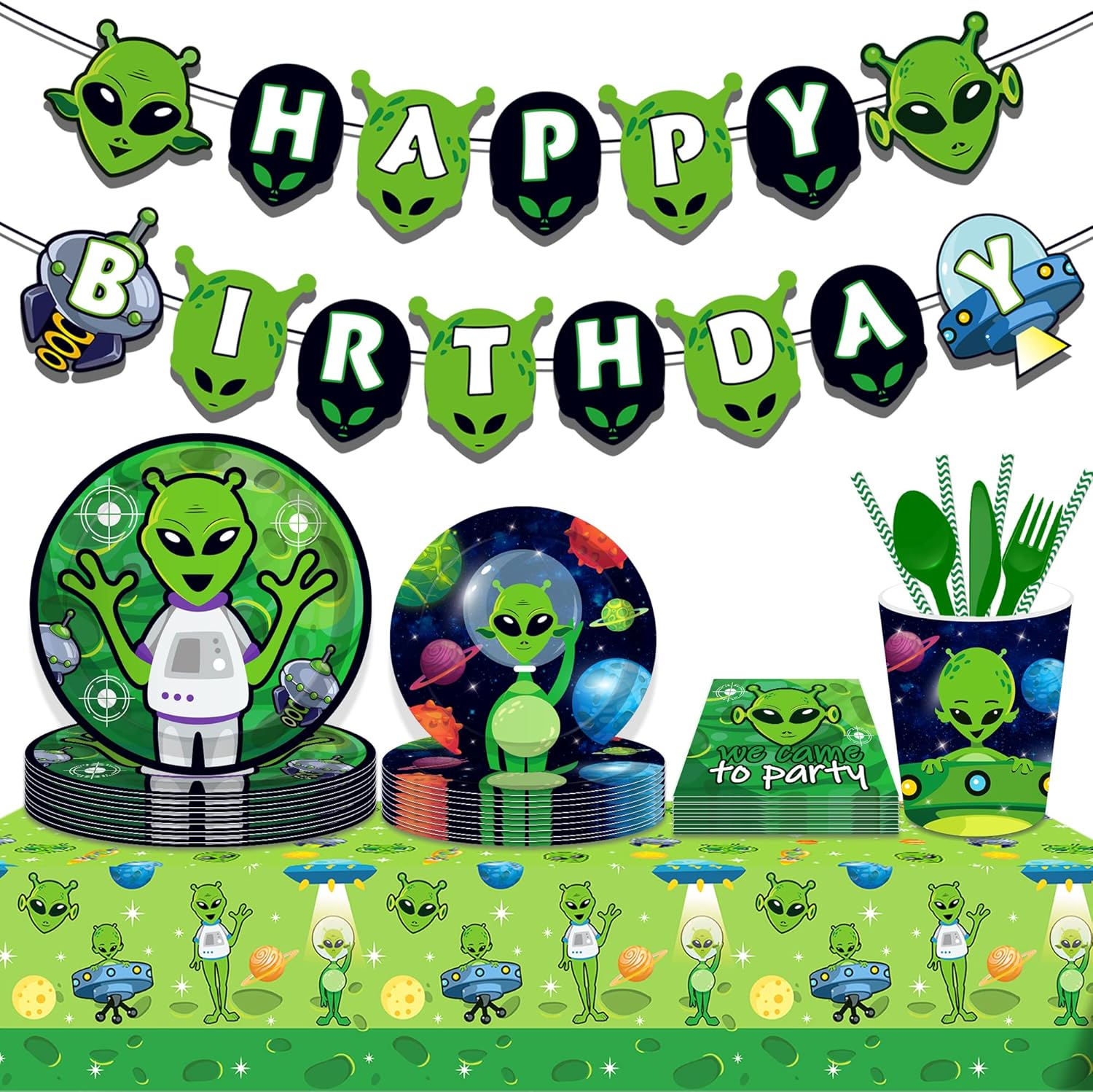 3 Pcs Alien UFO Party Tablecloths Green Disposable Plastic Tablecovers