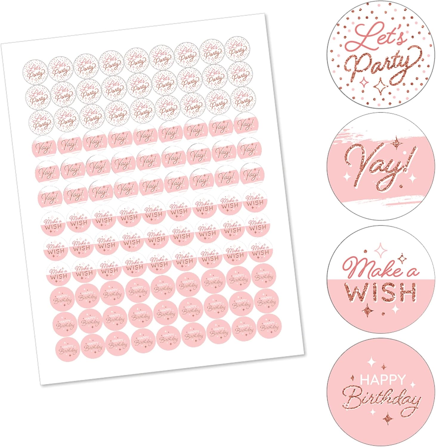 Pink Rose Gold Birthday Candy Sticker Favors 108 per Sheet