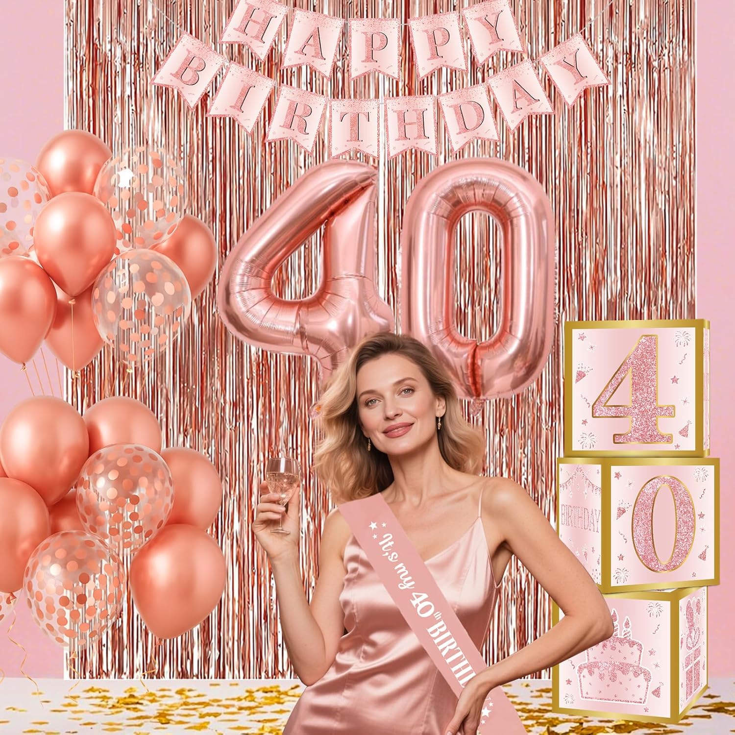 40th Birthday Decorations - Rose Gold Foil Balloons and Confetti