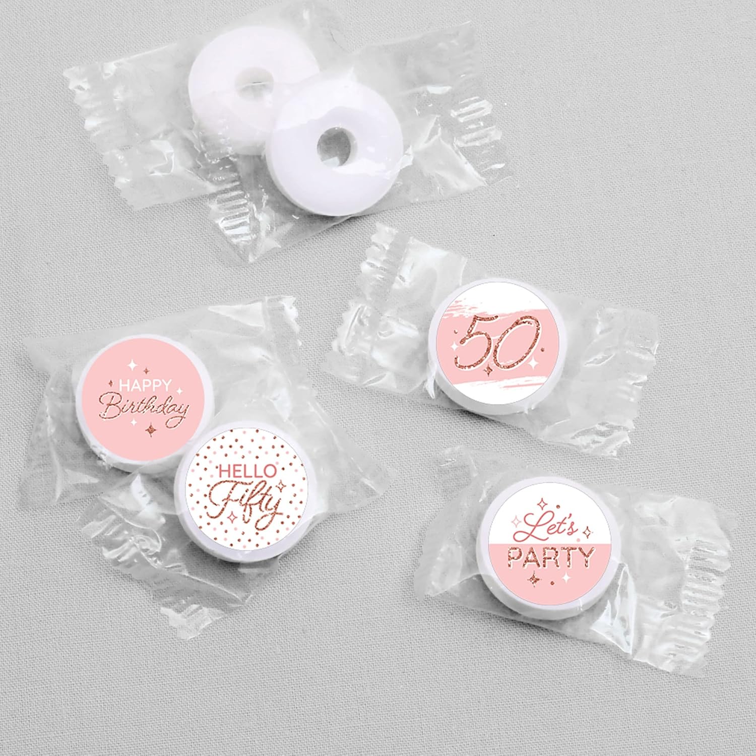 50th Pink Rose Gold Birthday Round Candy Sticker Favors