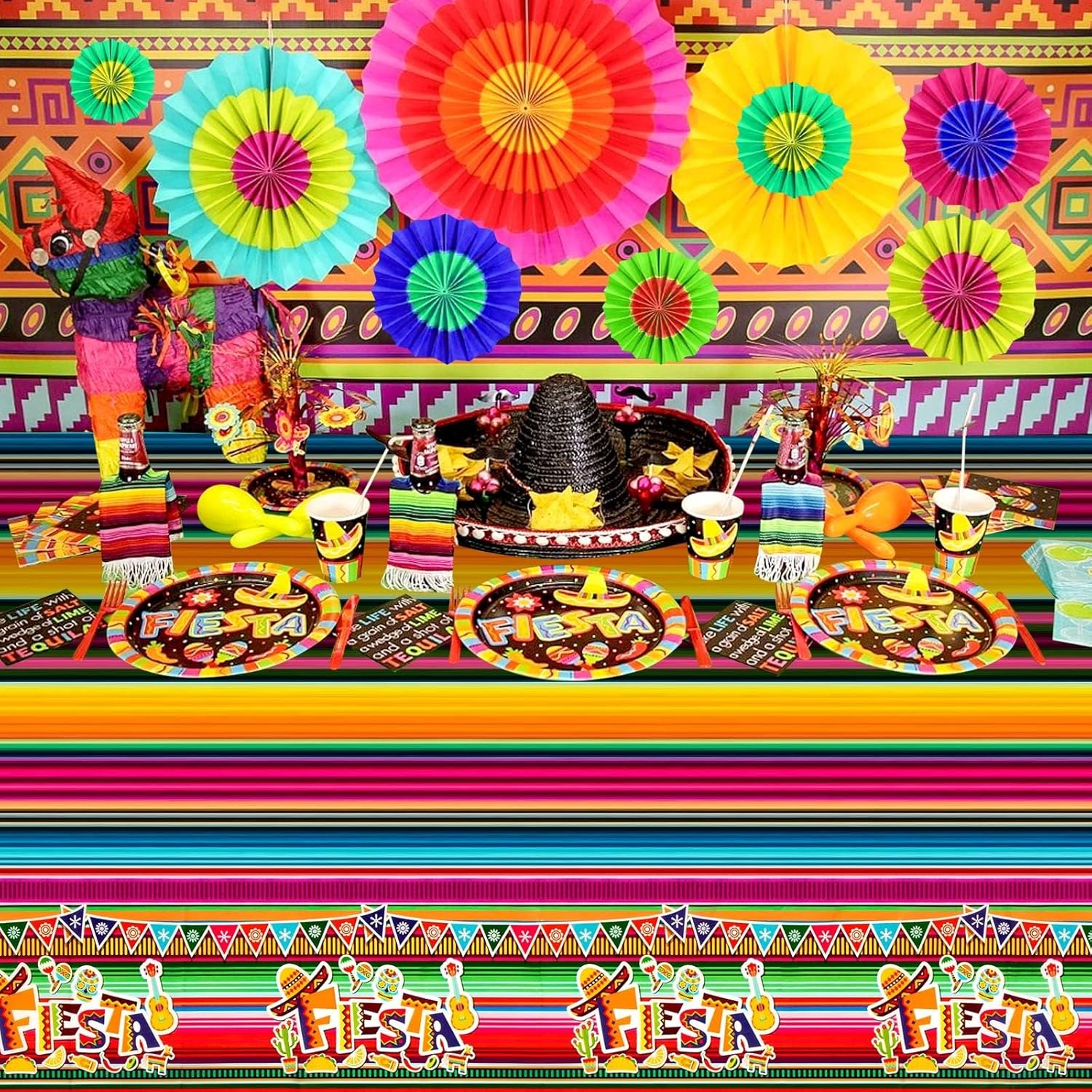 8 Pack Fiesta Tablecloth for Mexican Party Decorations