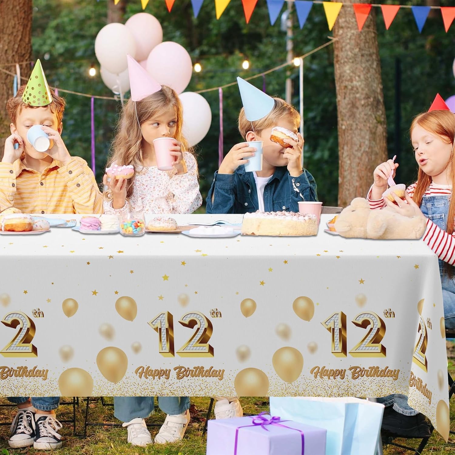 12th Birthday Tablecloth White Gold Rectangle Party Decor