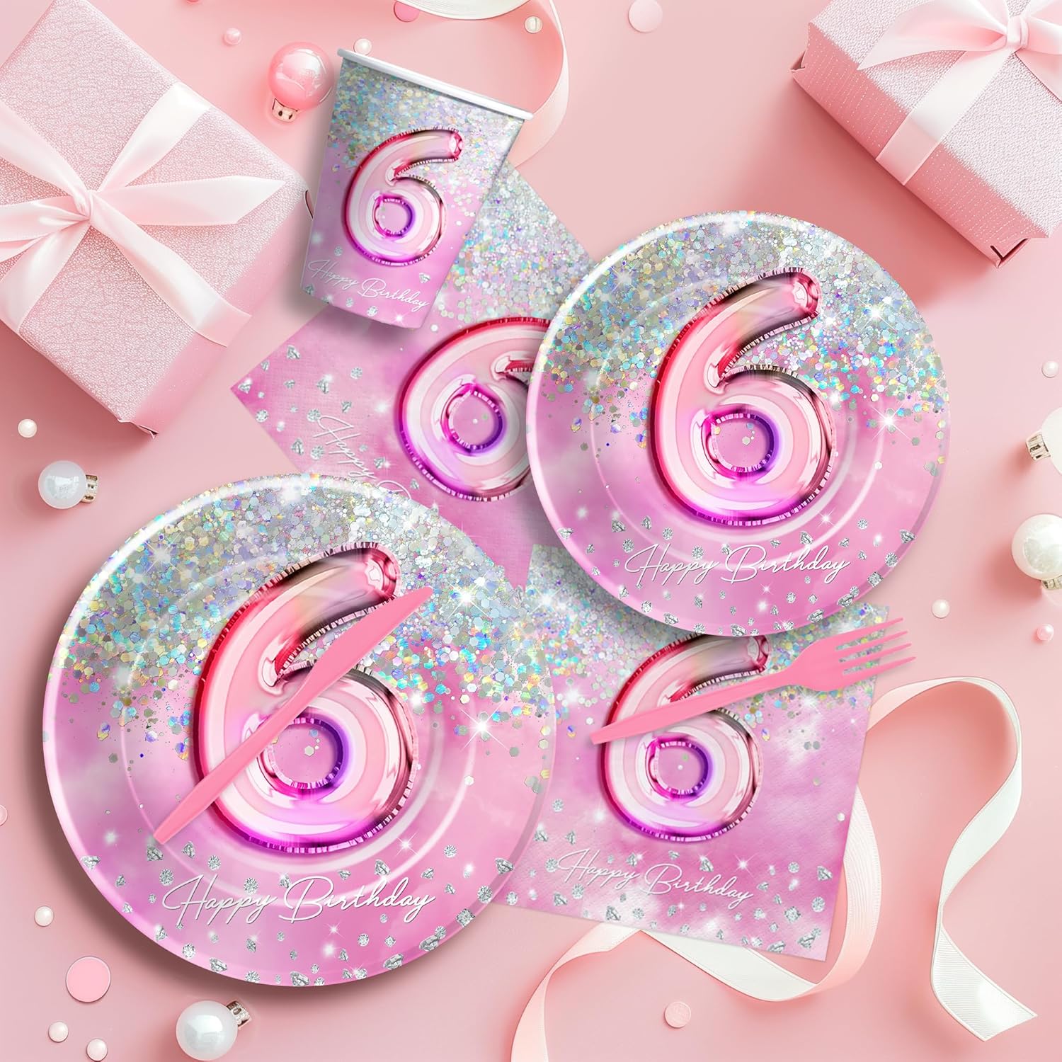 Pink Diamond 6th Birthday Party Tableware Set for 24 Guests