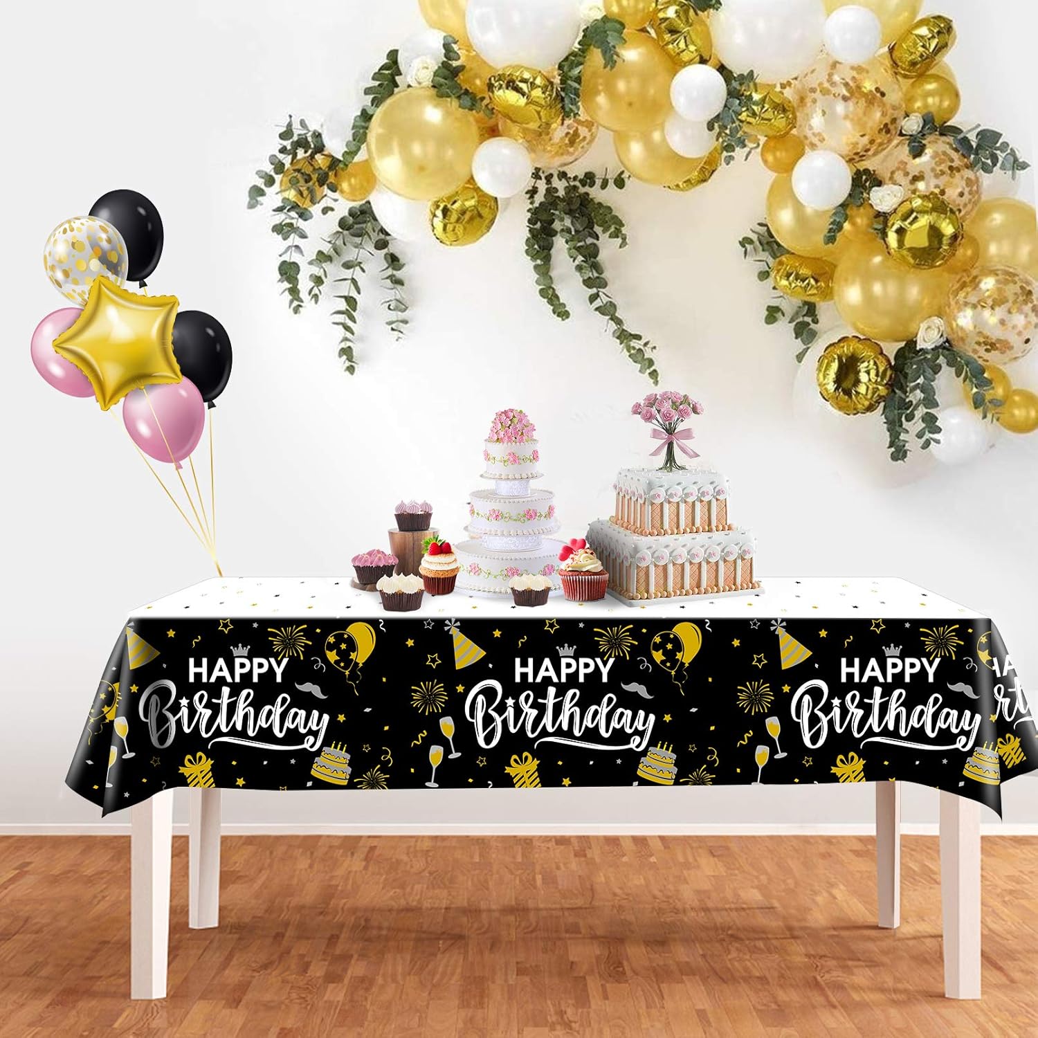3pcs Black and Gold Birthday Tablecloth for Men Women