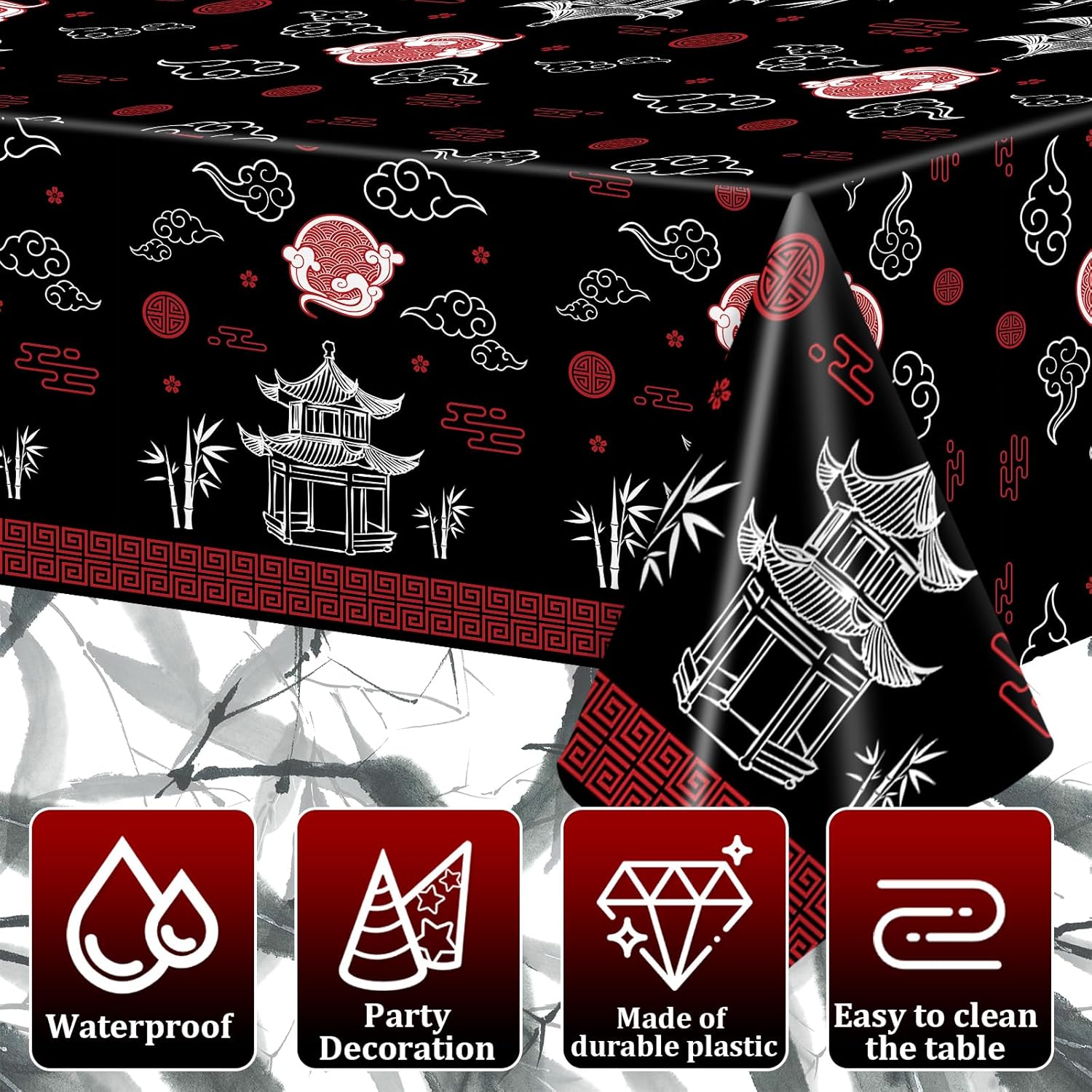 Hibachi Themed Table Covers 3 Pack for Asian Parties Black