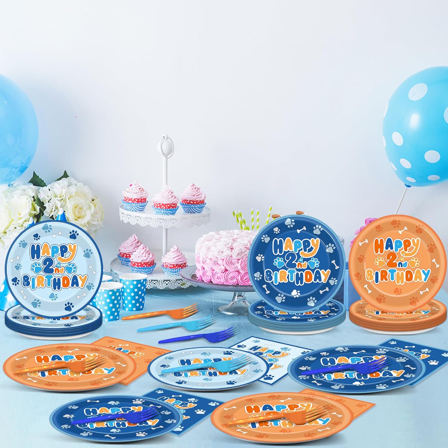 96Pcs Blue Dog 2nd Birthday Party Plates Napkins Decorations