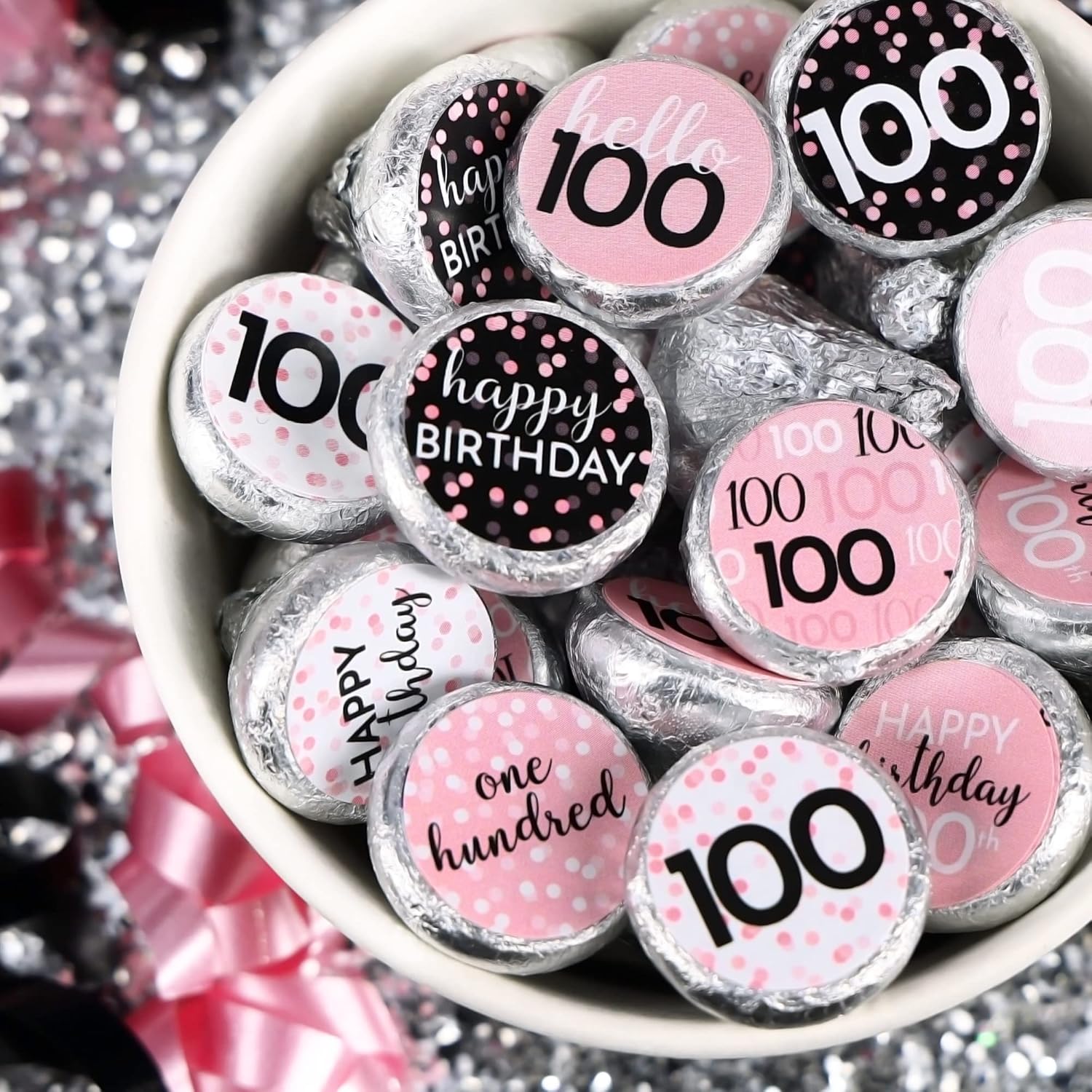 Pink Black White 100th Birthday Candy Stickers 180 Count