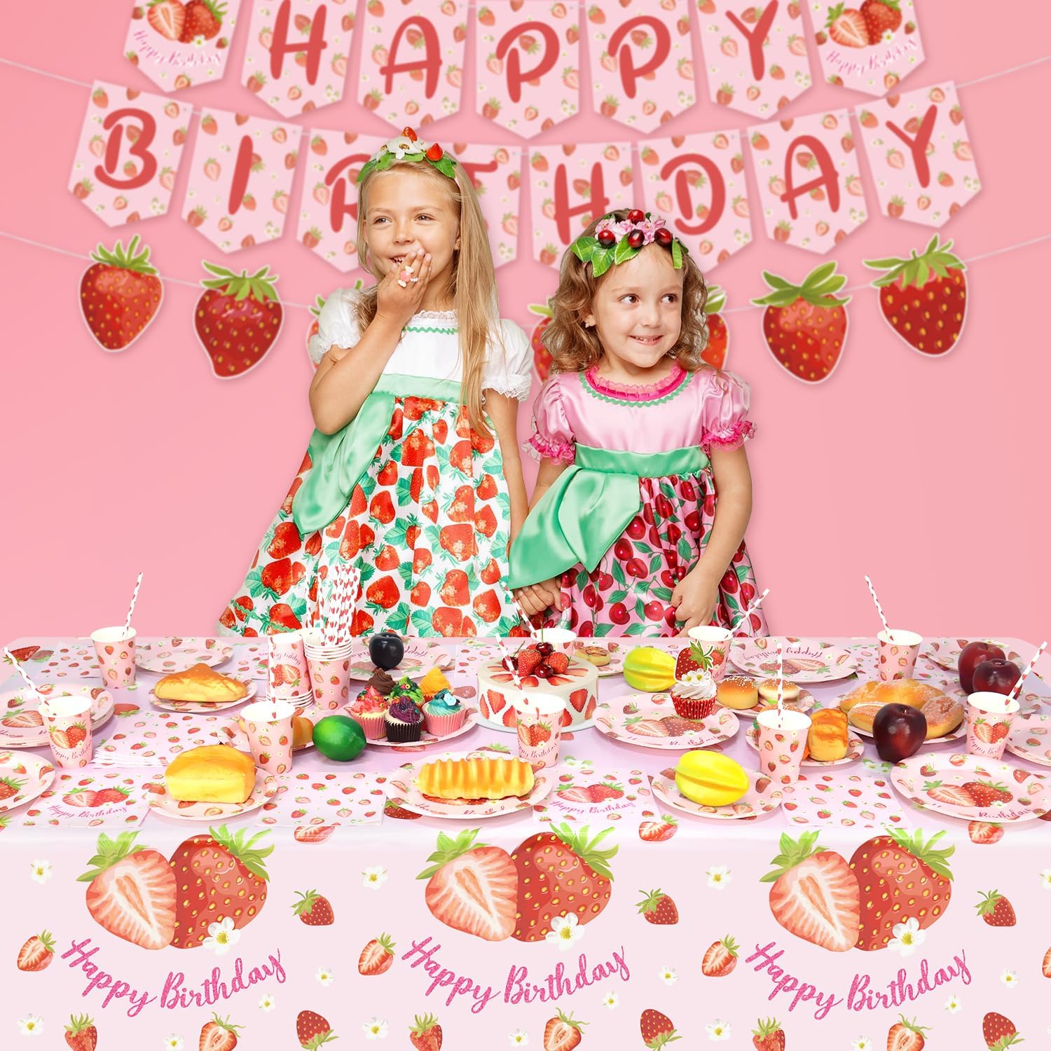 KEFAN 4 Piece Strawberry Tablecloths for Birthday Party Decor
