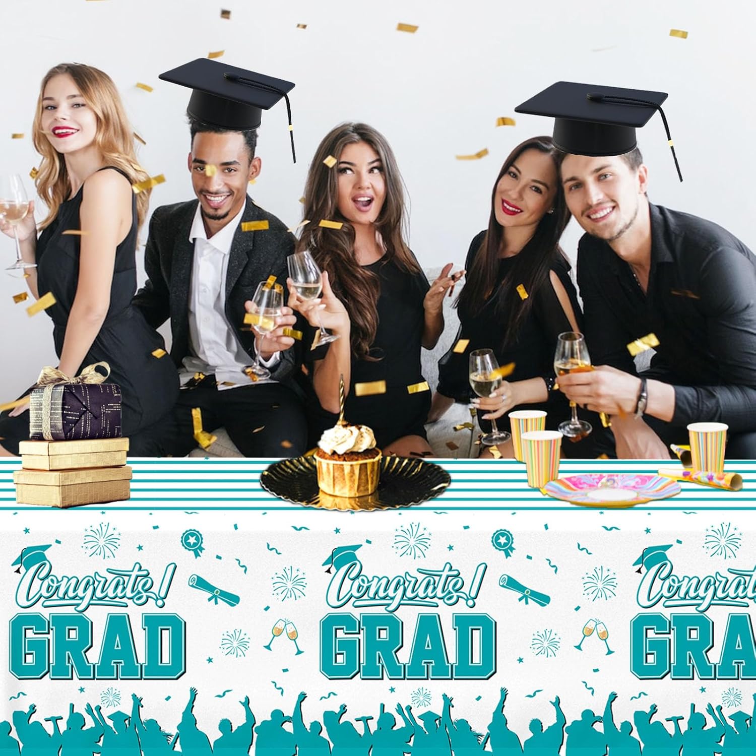 CMUSKO Teal Graduation Tablecloth 3Pcs Class of 2025 Decor