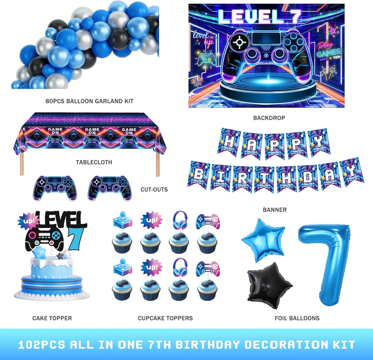Costova Video Game 7th Birthday Decorations Set