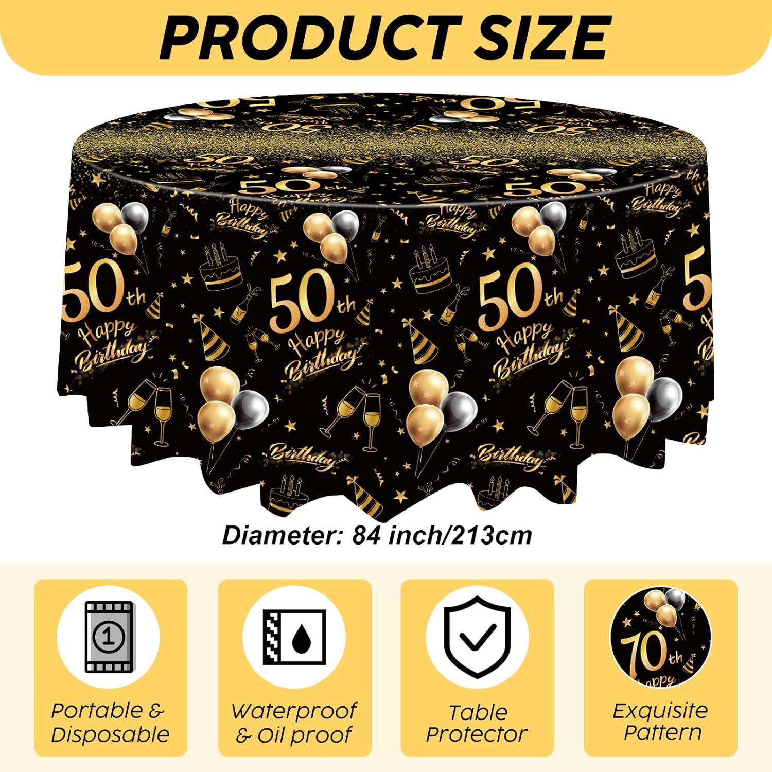 Oudain 3 Pack Round Birthday Tablecloths Black Gold Party Decor