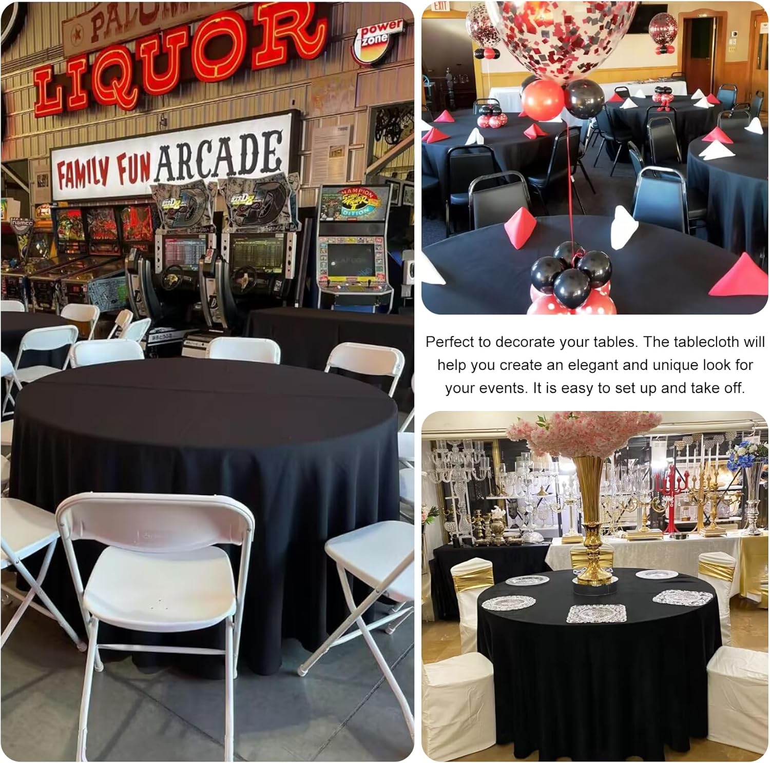 3 Pack 90 Inch Round Black Polyester Tablecloths for Events