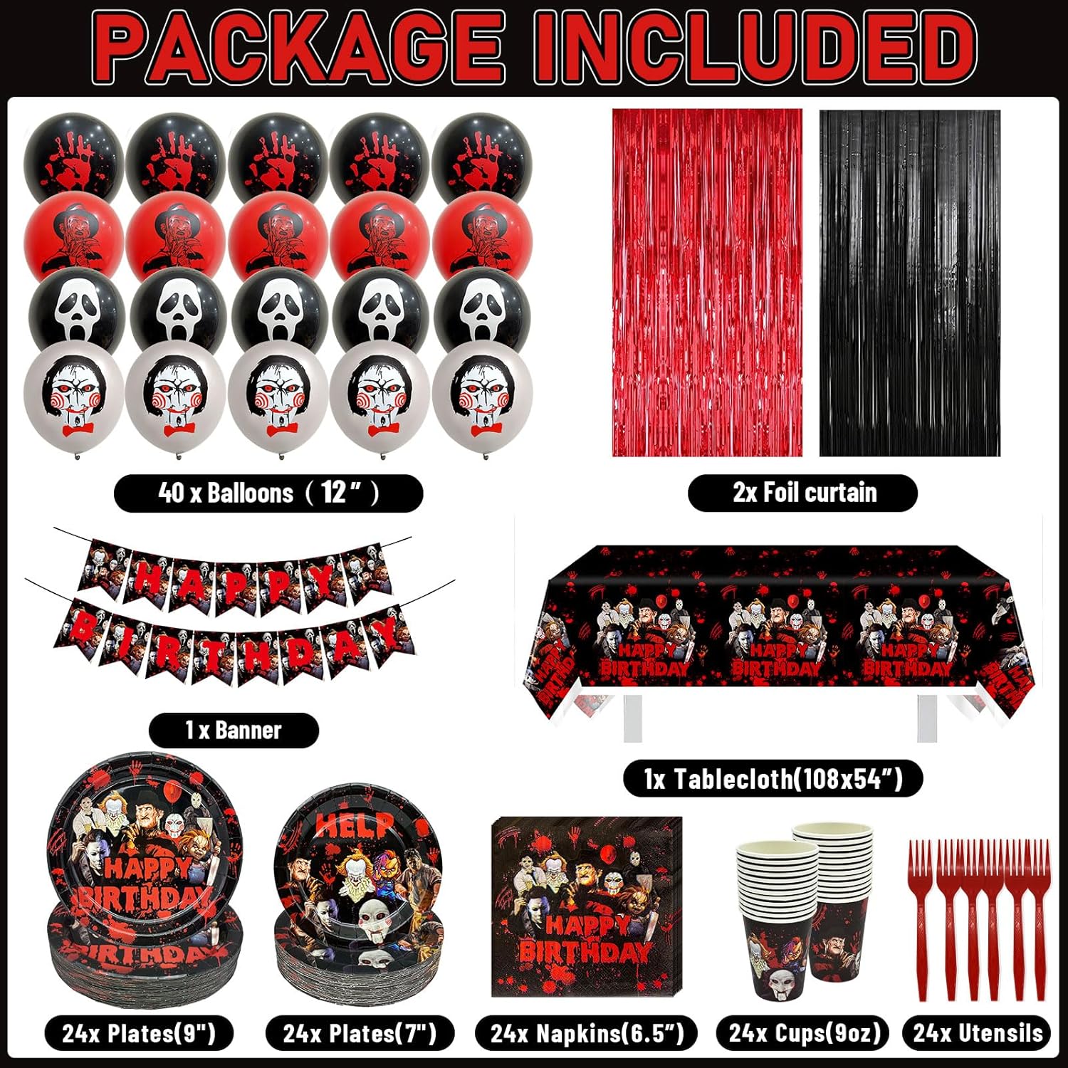 164 Pcs Horror Birthday Party Decorations Set