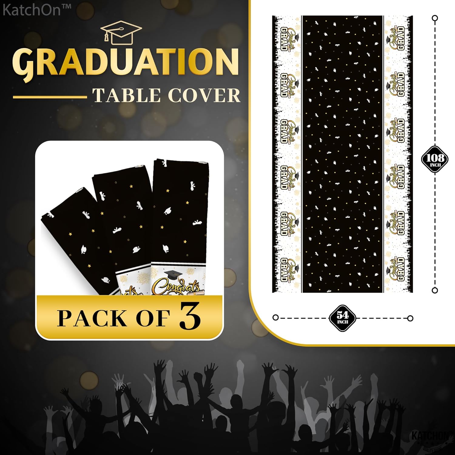KatchOn Black and Gold Graduation Tablecloth 108x54 Inch Pack of 3