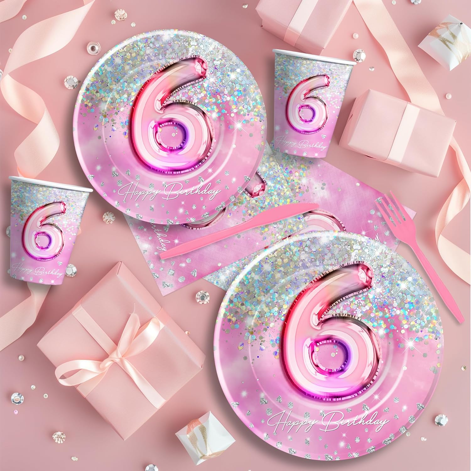 Pink Diamond 6th Birthday Party Tableware Set for 24 Guests
