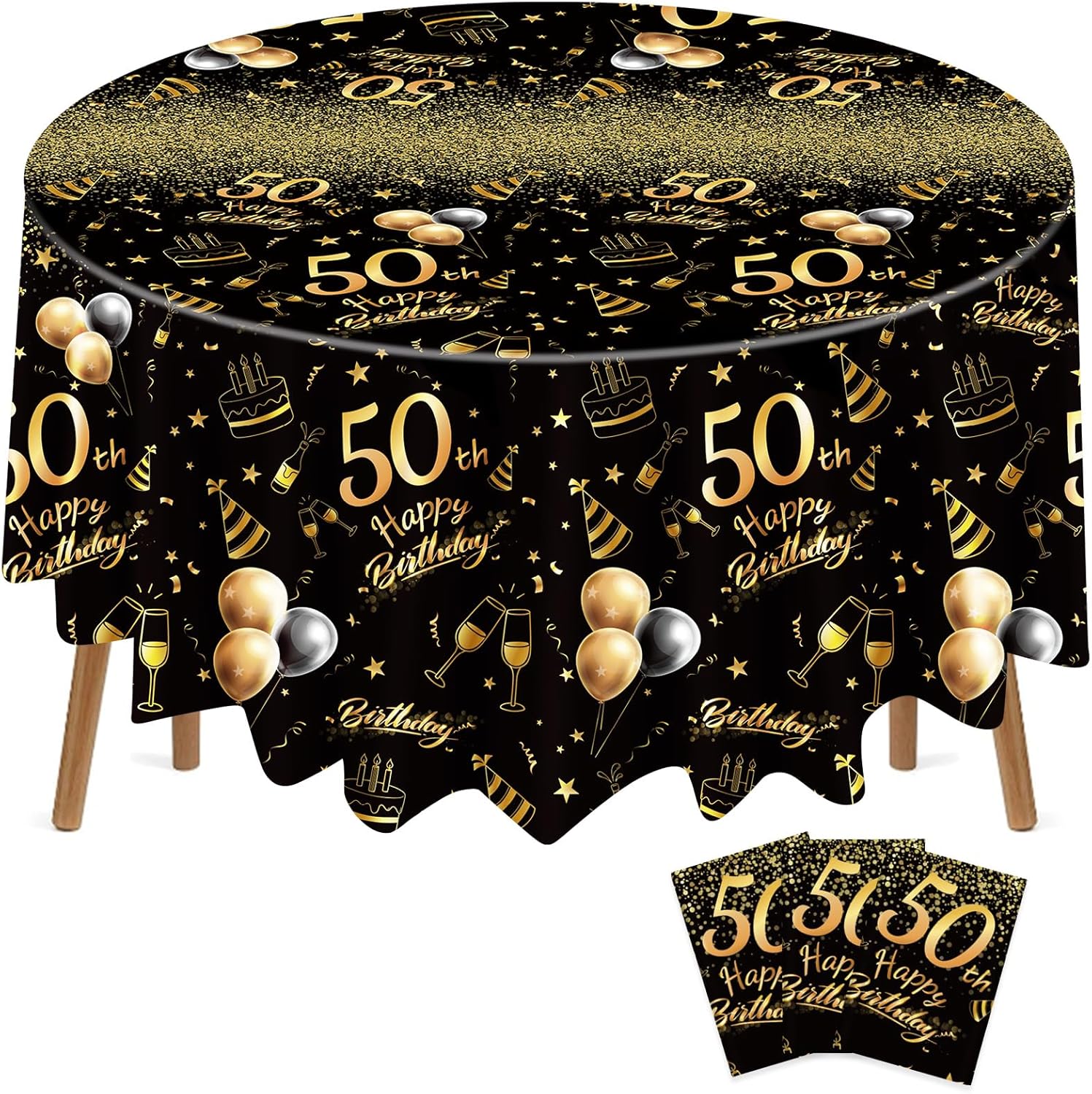 Oudain 3 Pack Round Birthday Tablecloths Black Gold Party Decor