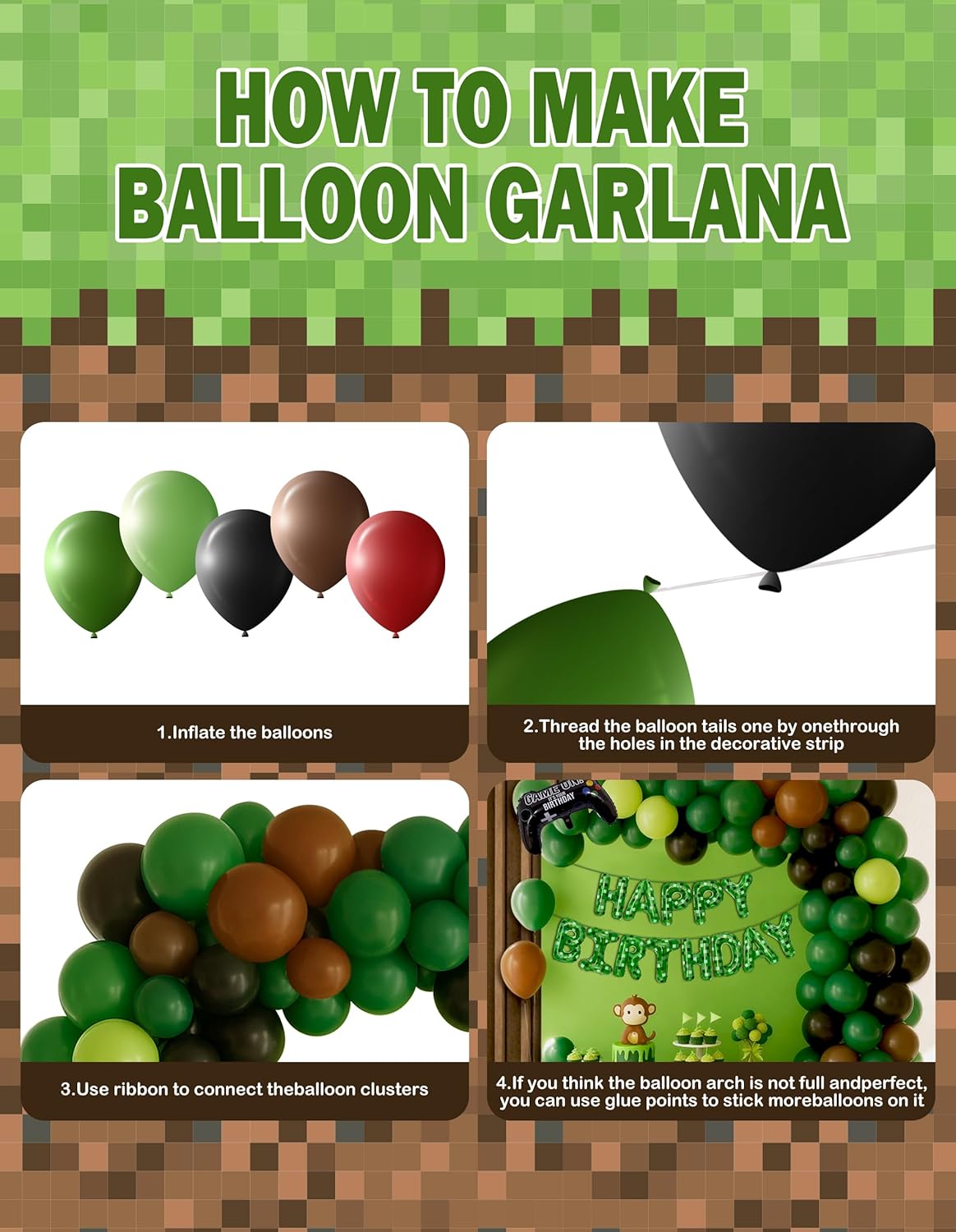 148Pcs Pixel Miner Game Themed Party Decor Kit