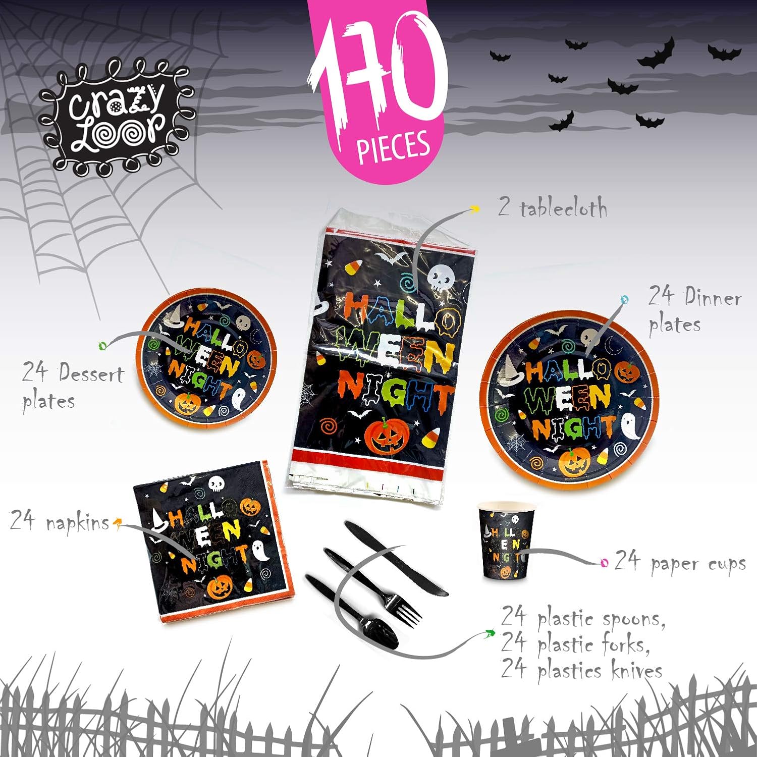 CRAZY LOOP Halloween Dinnerware Set for 24