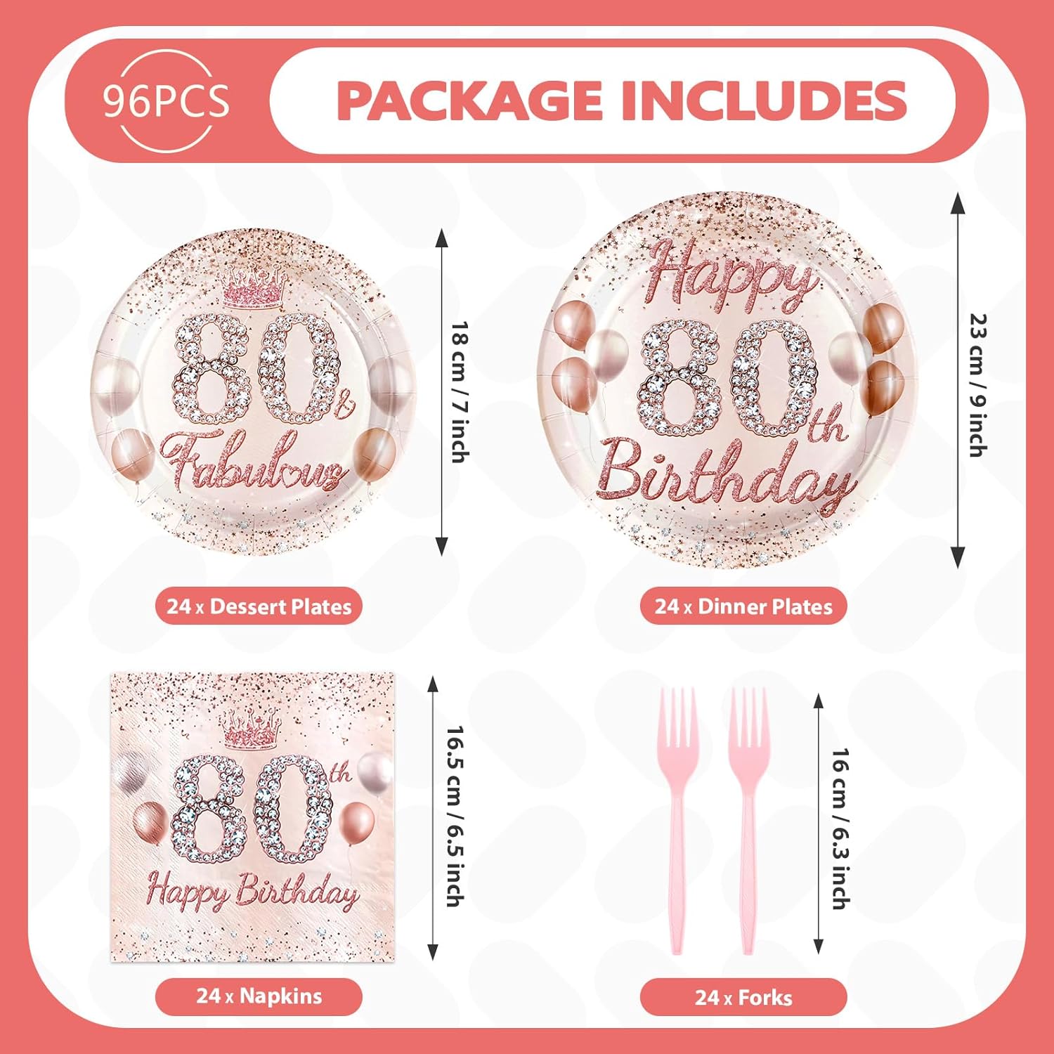 Grencian 96 Pcs 80th Birthday Tableware Set Rose Gold