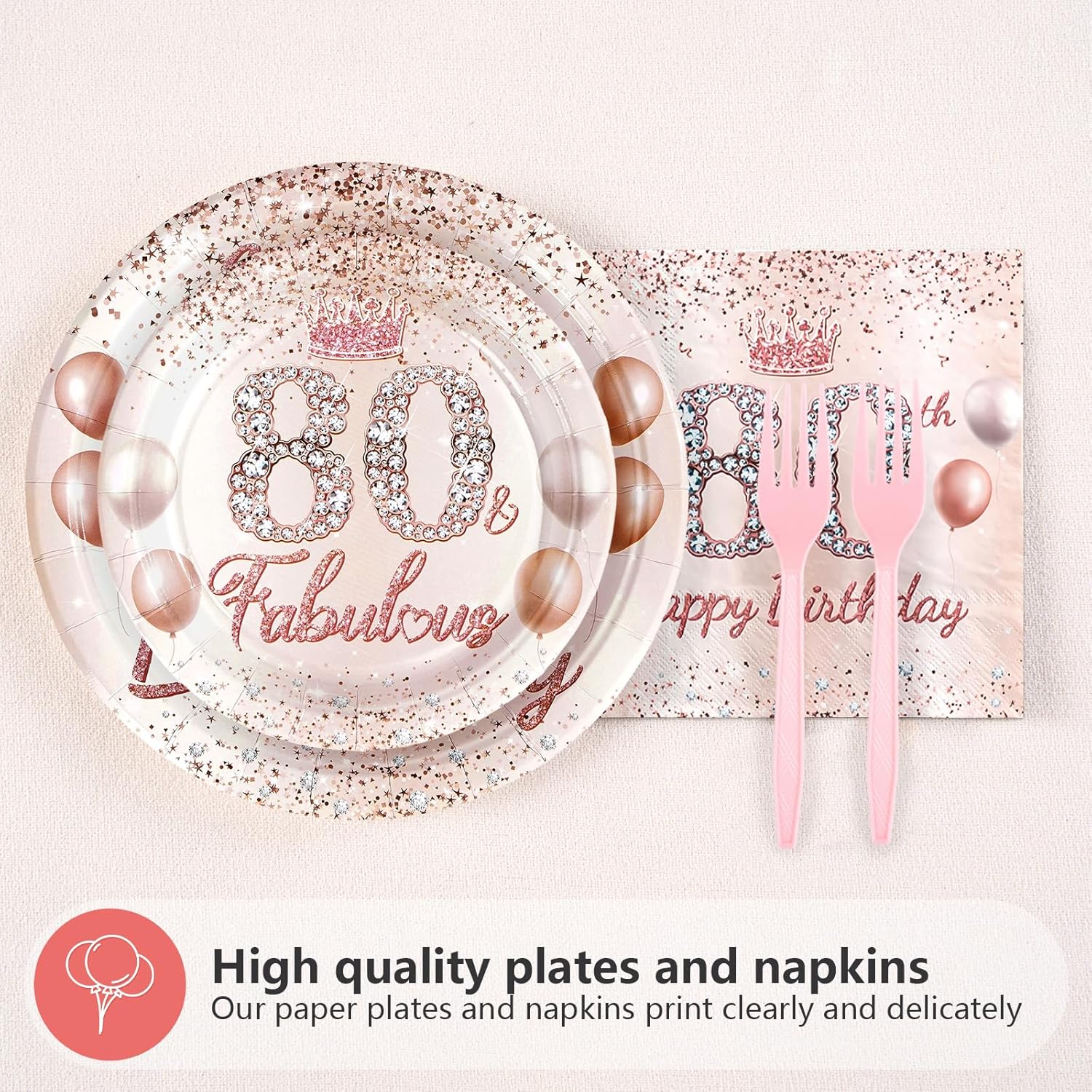 Grencian 96 Pcs 80th Birthday Tableware Set Rose Gold