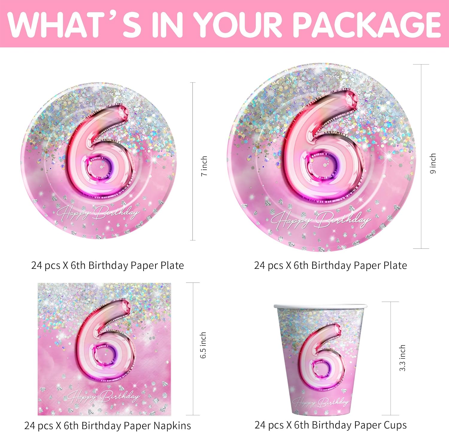 Pink Diamond 6th Birthday Party Tableware Set for 24 Guests